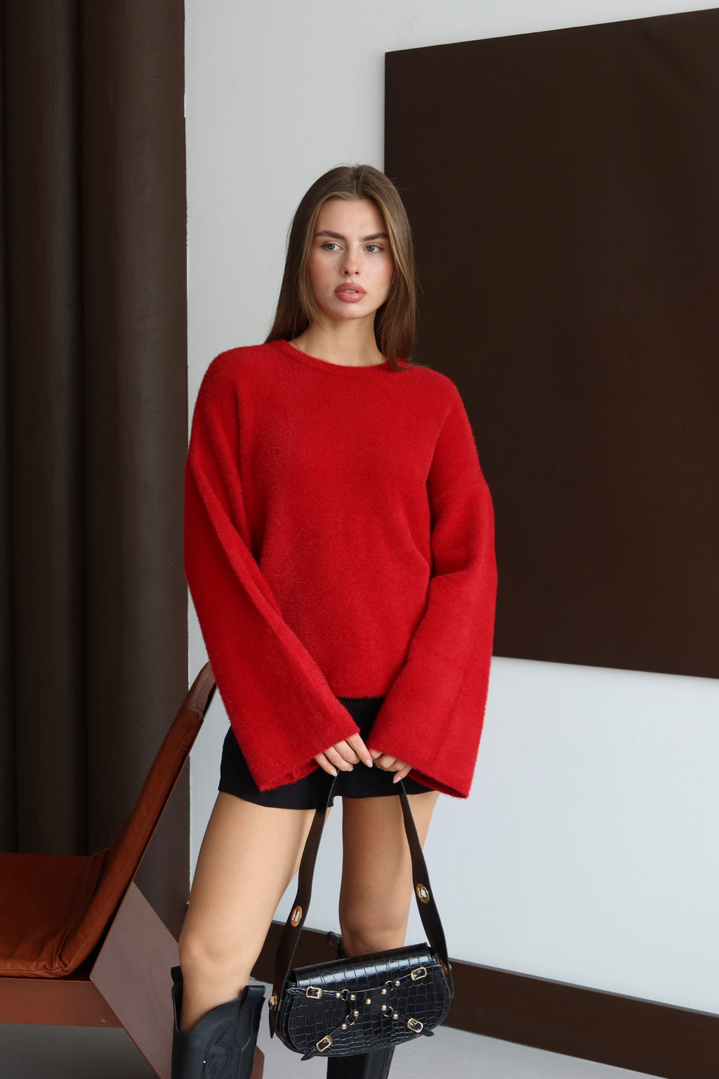 Kırmızı Sakallı Sıkı Dokuma Oversıze Kazak