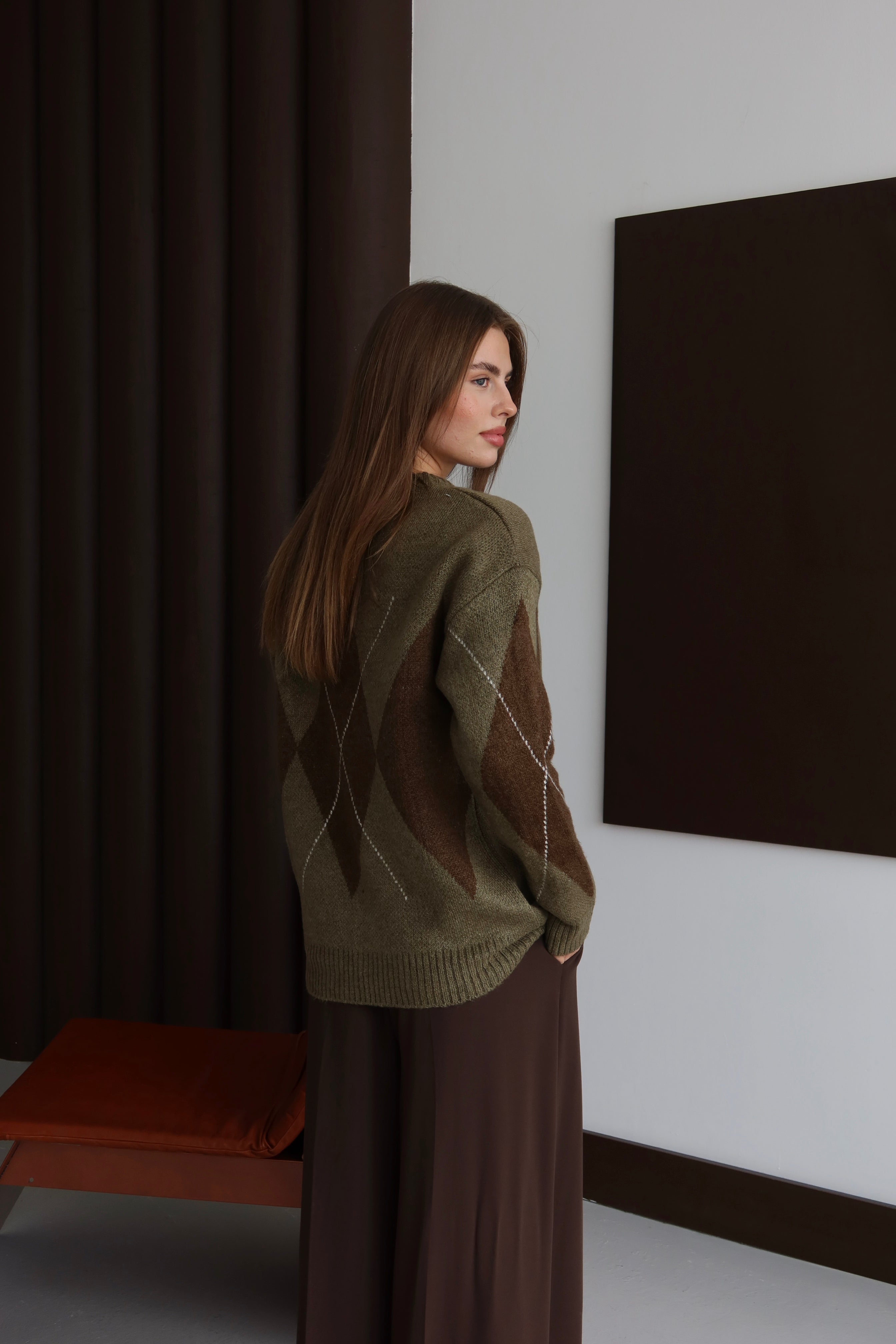 Haki Kahverengi Baklava Desen Kazak