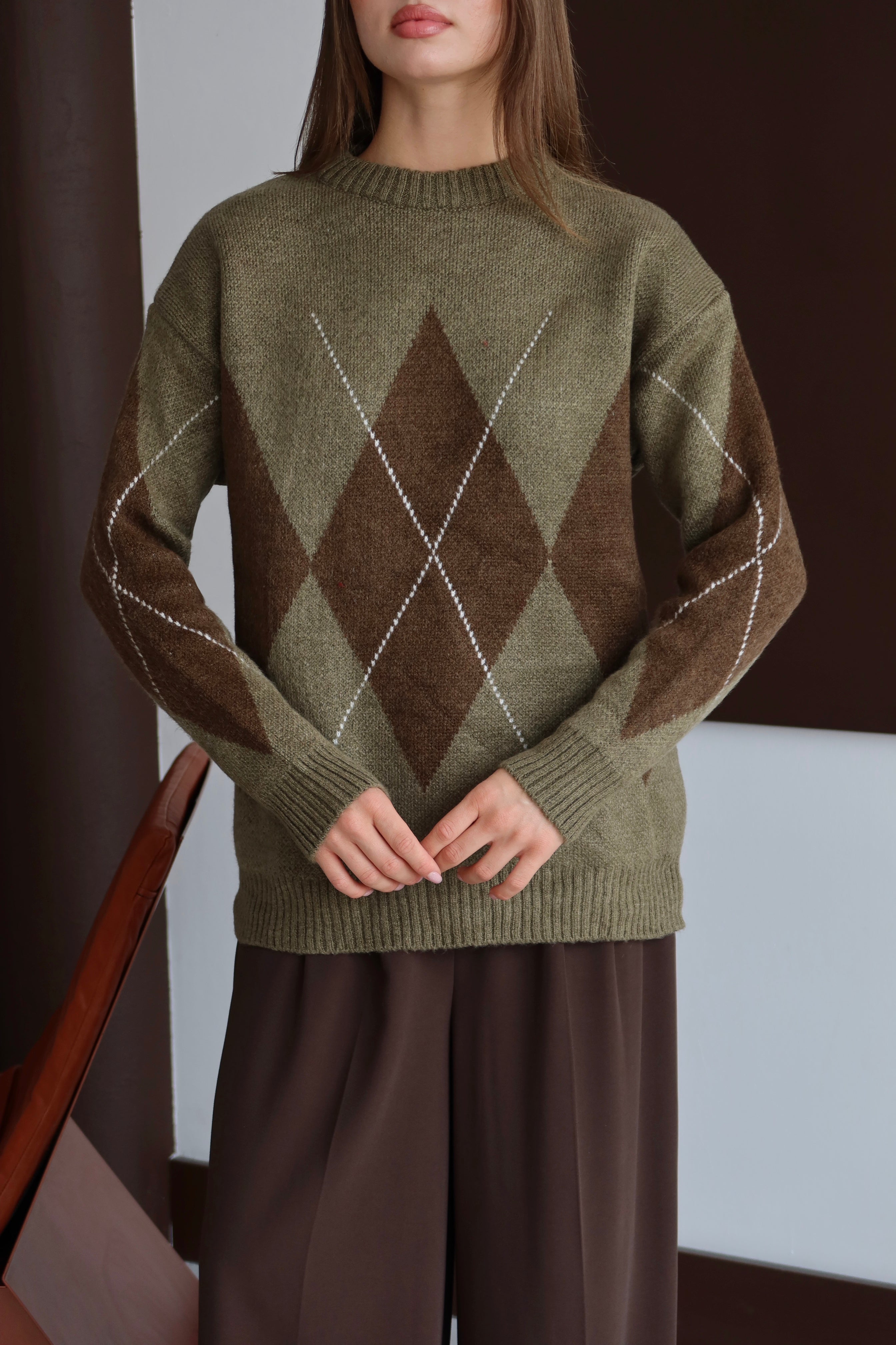 Haki Kahverengi Baklava Desen Kazak