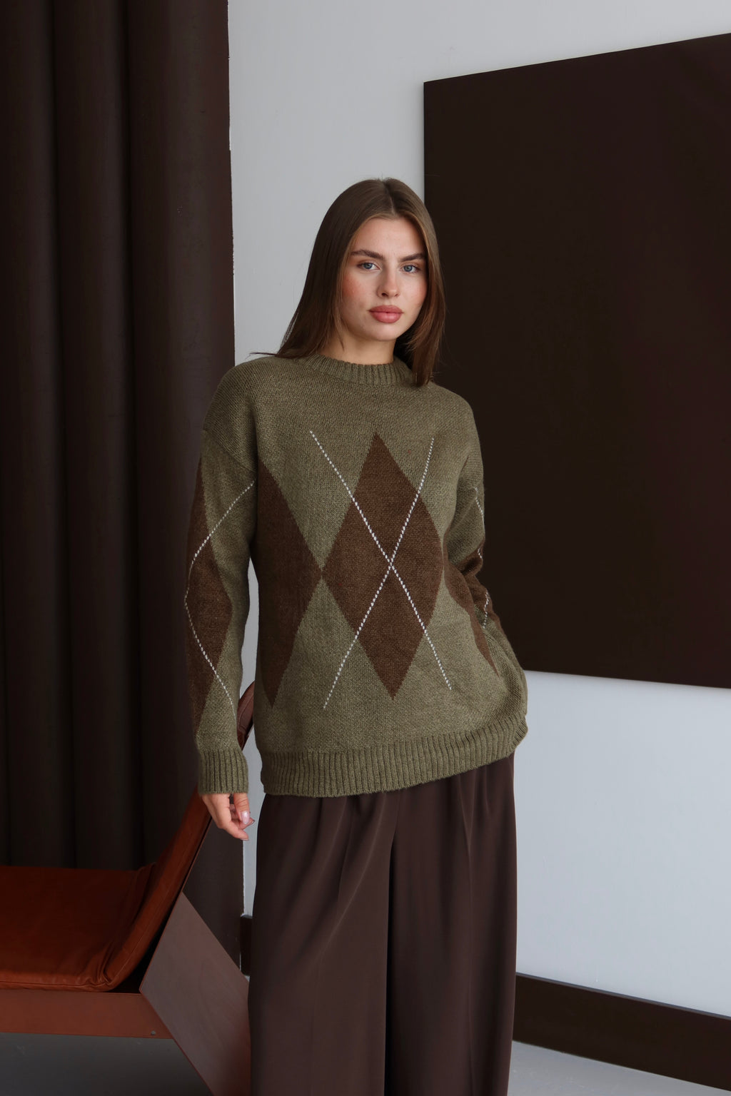 Haki Kahverengi Baklava Desen Kazak