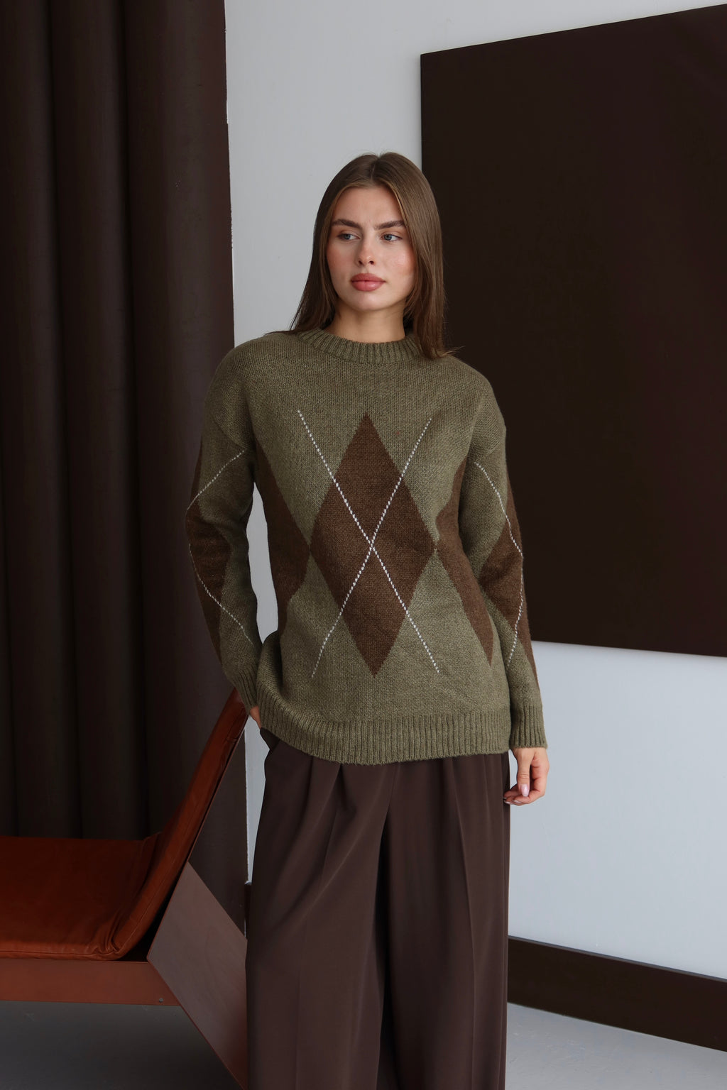 Haki Kahverengi Baklava Desen Kazak