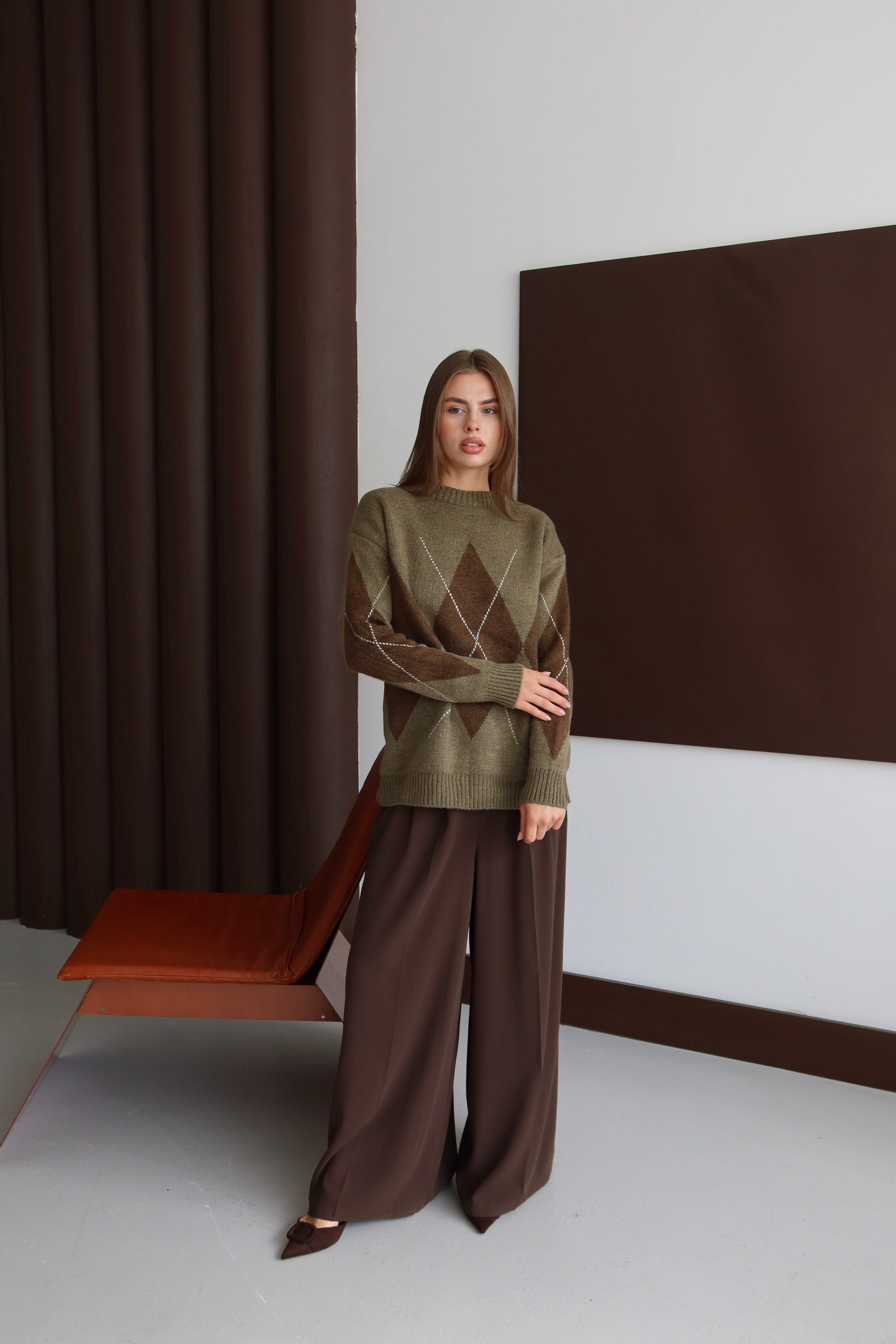 Haki Kahverengi Baklava Desen Kazak