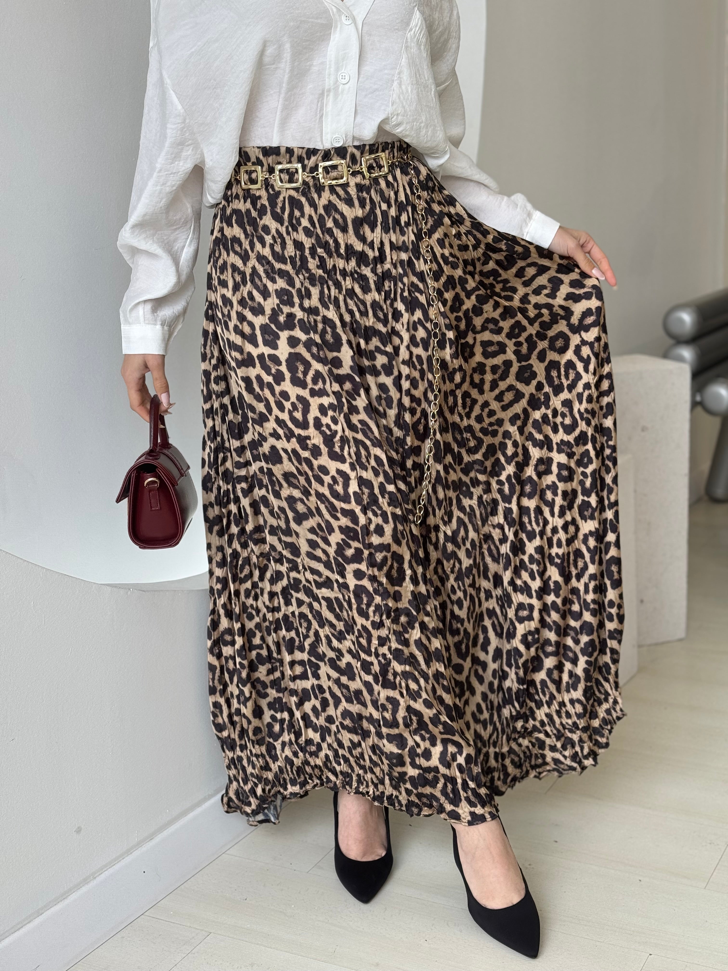 Leopar Desen Saten Etek