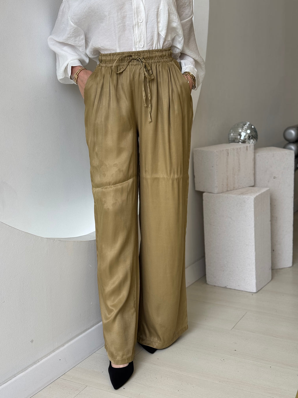 Elastic Waist Wide Leg Satin Trousers