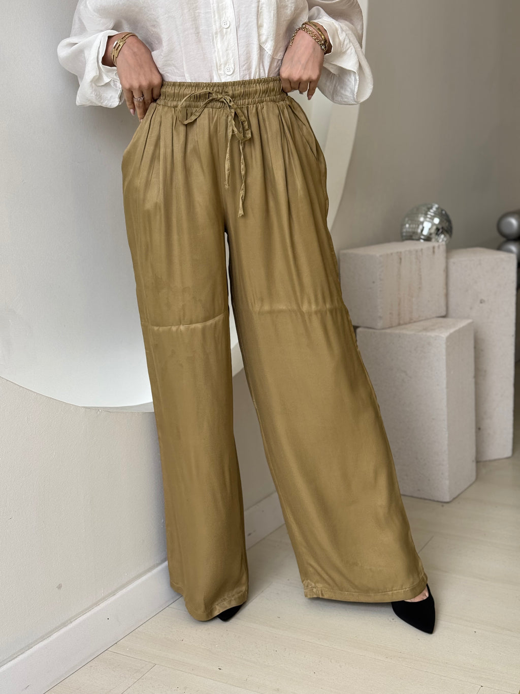 Elastic Waist Wide Leg Satin Trousers