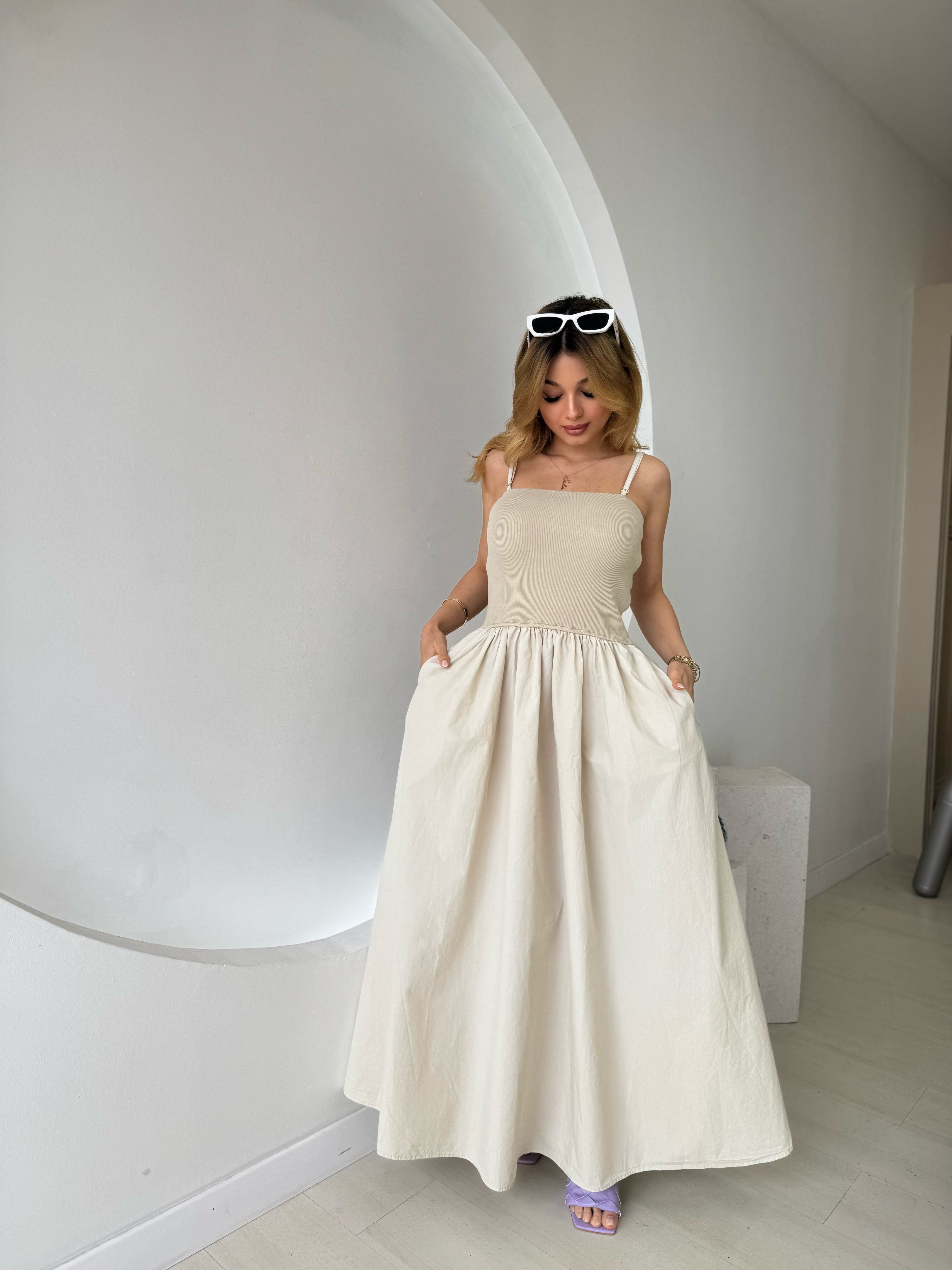 Üstü Triko Altı Poplin Askılı Elbise