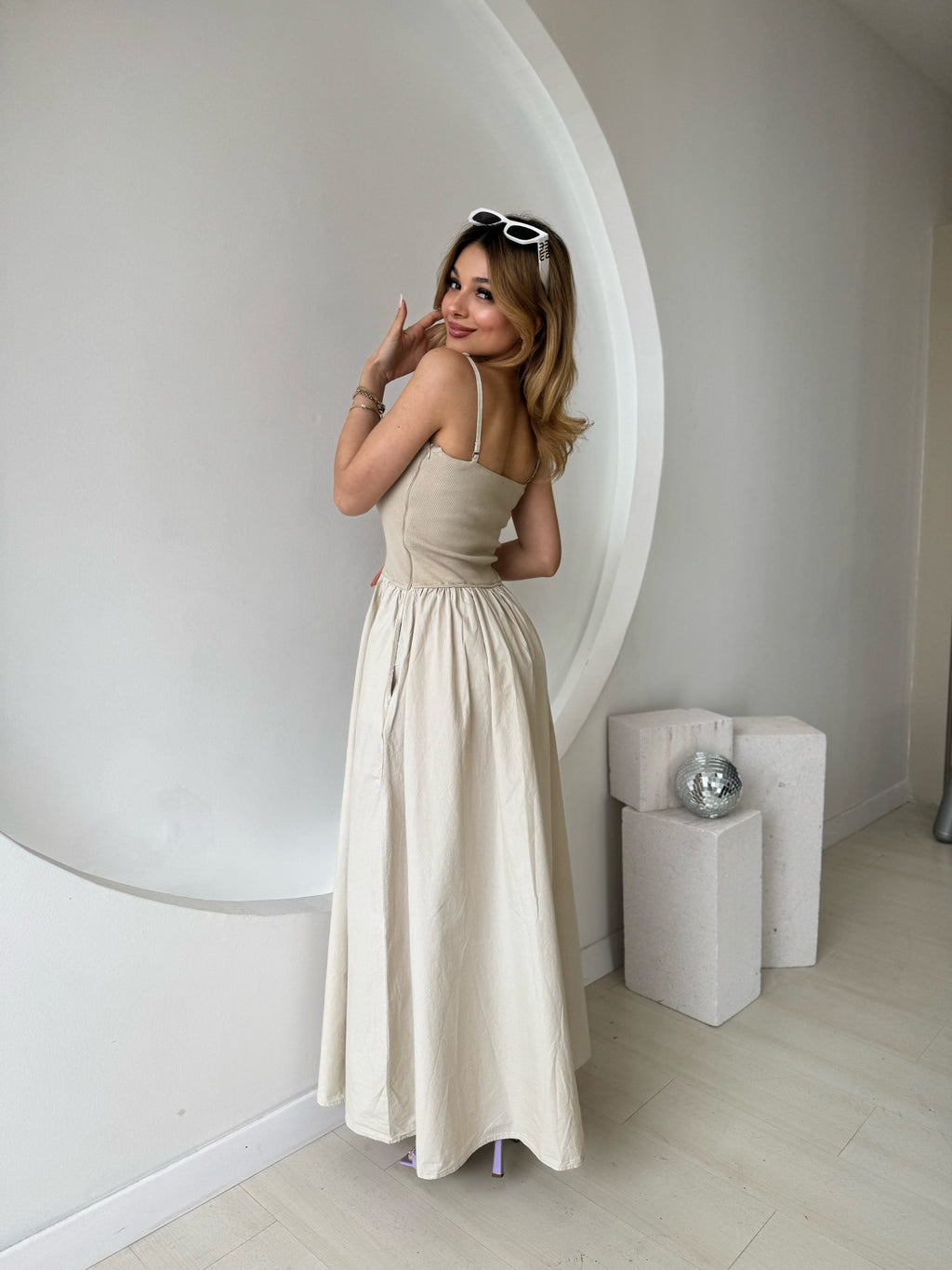 Üstü Triko Altı Poplin Askılı Elbise