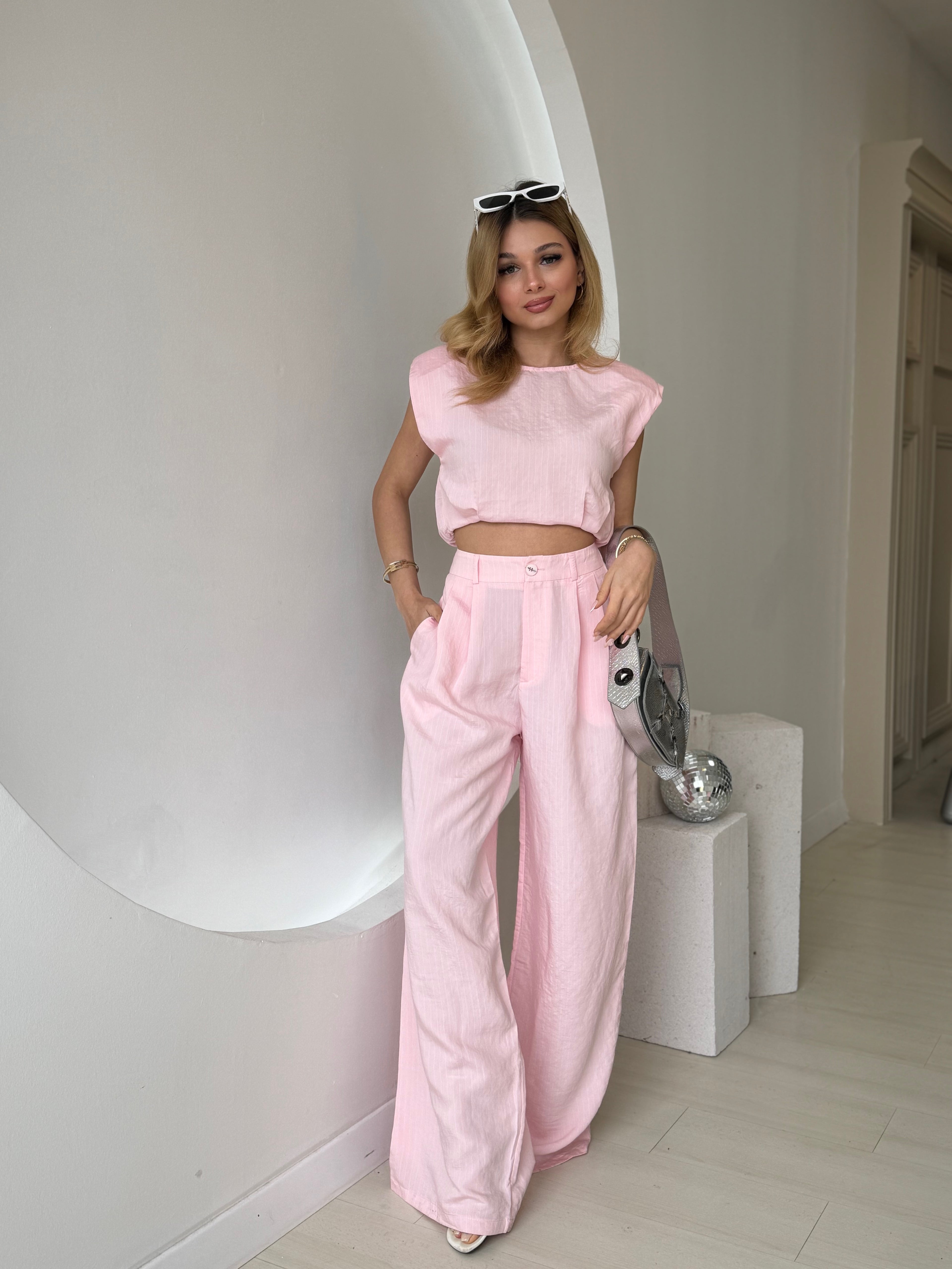 Pembe Çizgili Crop Pantolon Takım