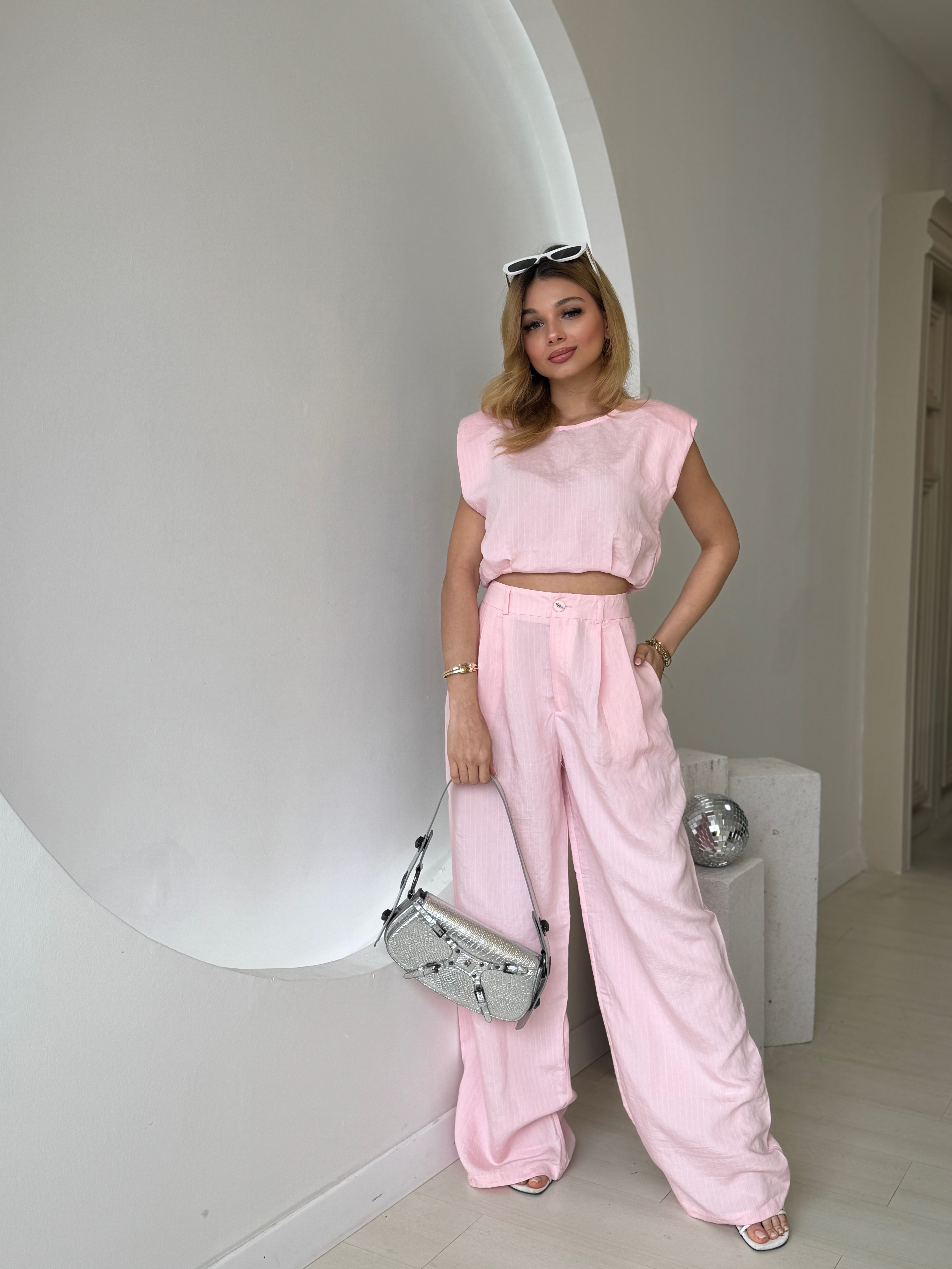 Pembe Çizgili Crop Pantolon Takım