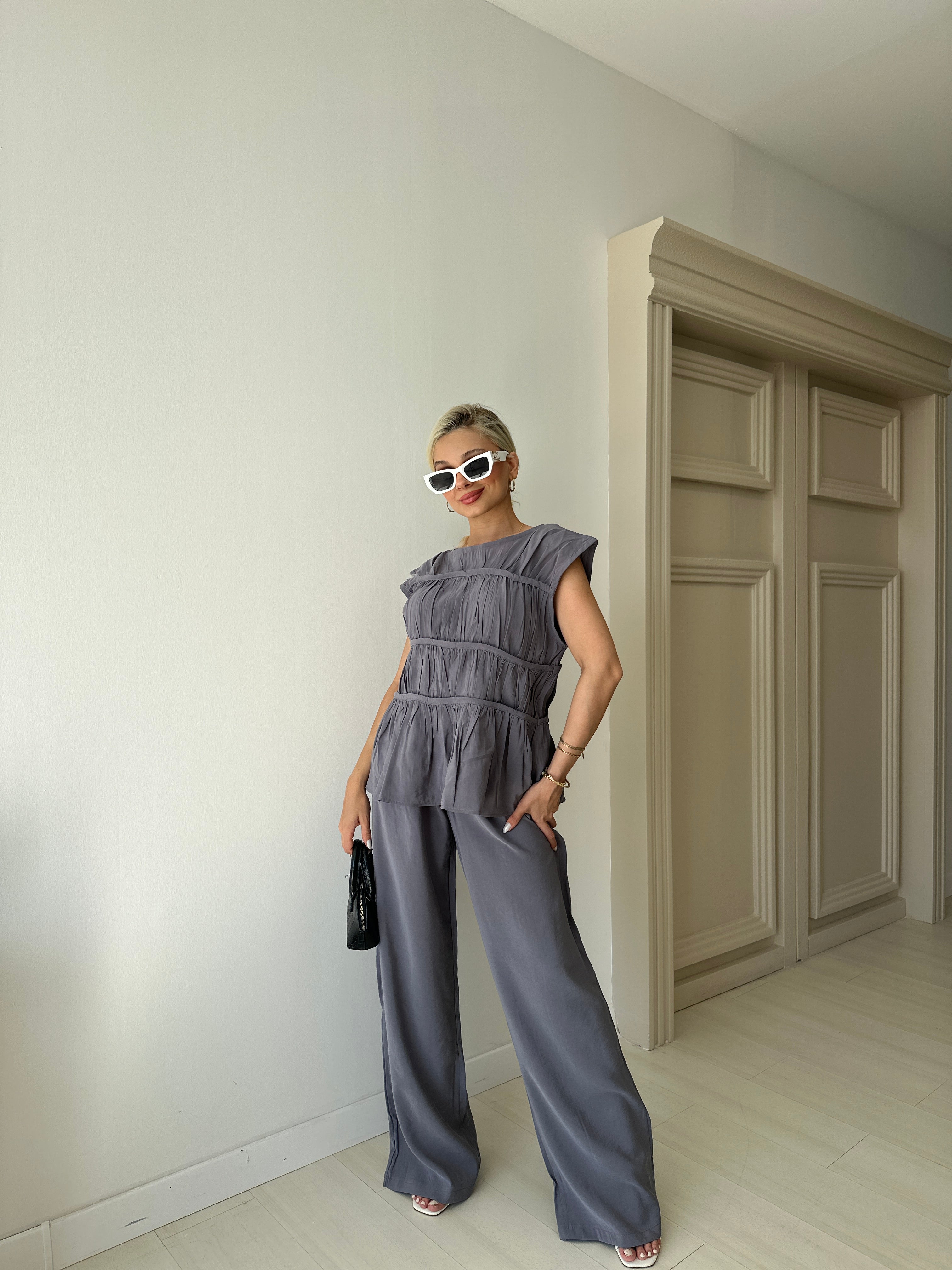 İndigo Nervürlü Bluz Pantolon Takım