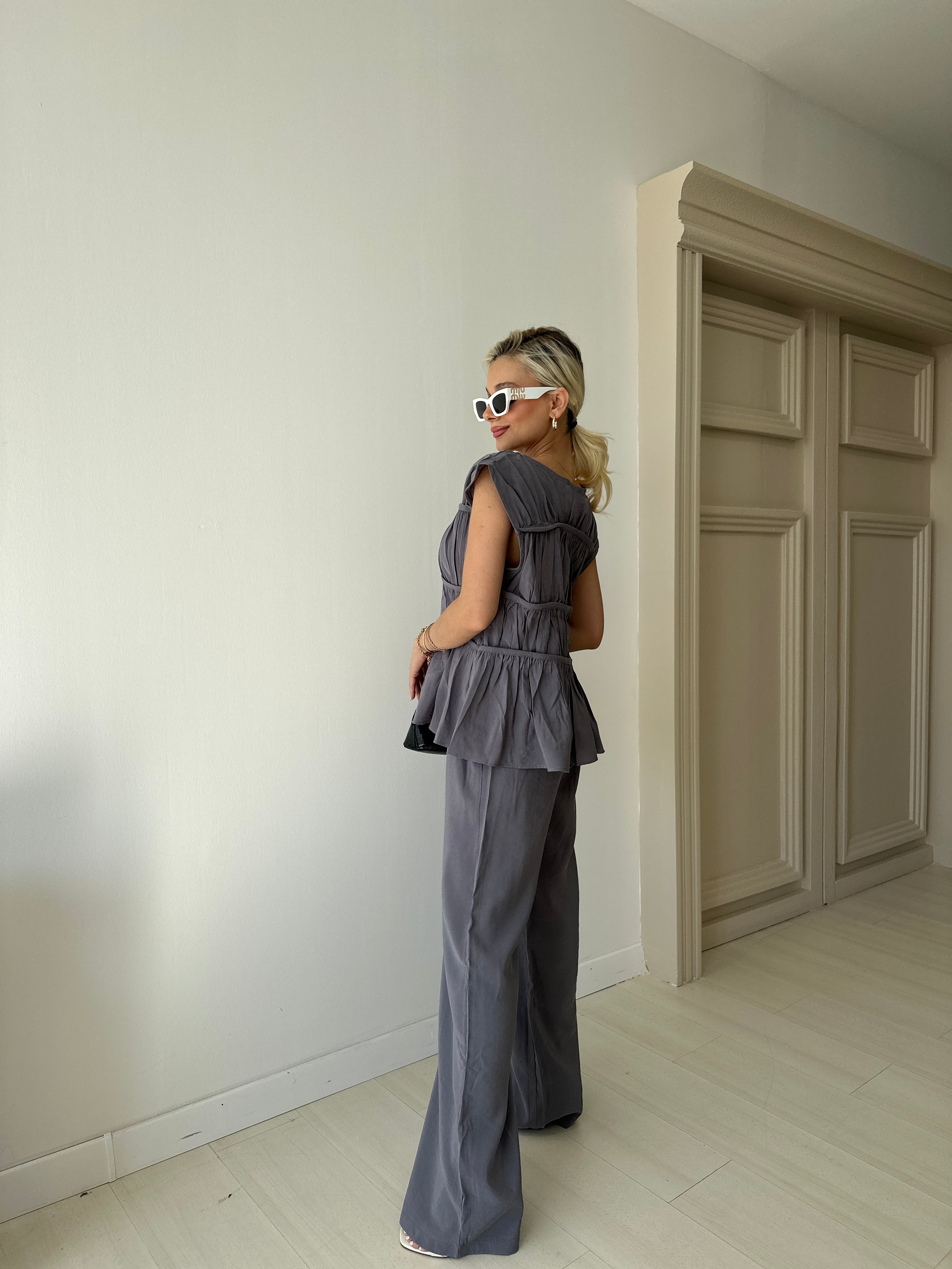 İndigo Nervürlü Bluz Pantolon Takım