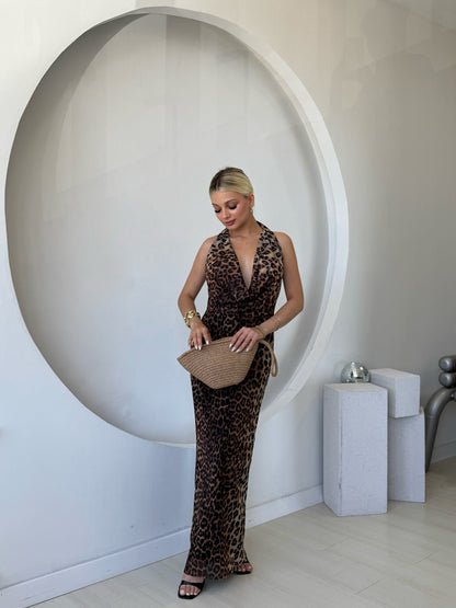 Degaje Yaka Leoparlı Tül Elbise