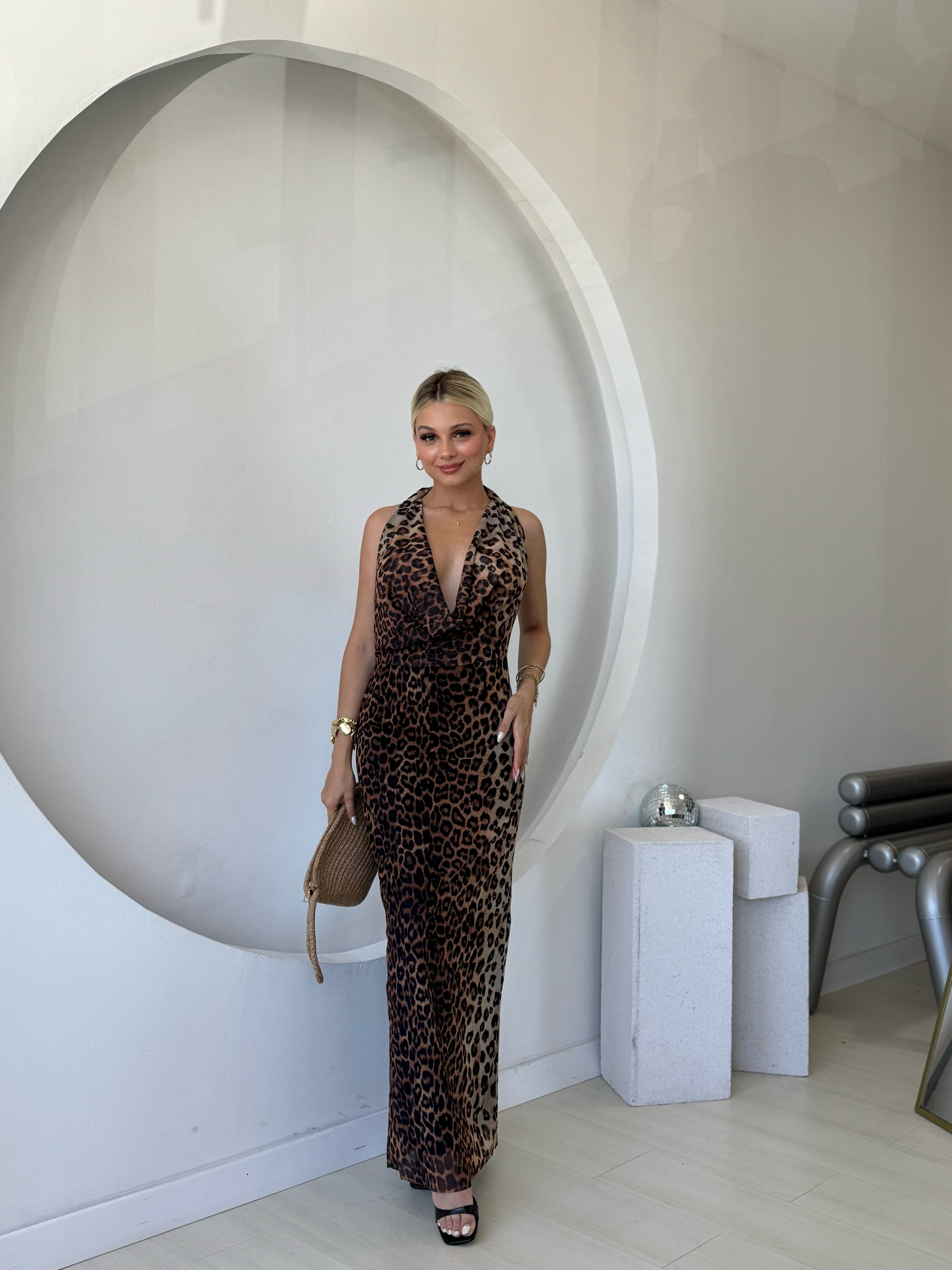 Degaje Yaka Leoparlı Tül Elbise