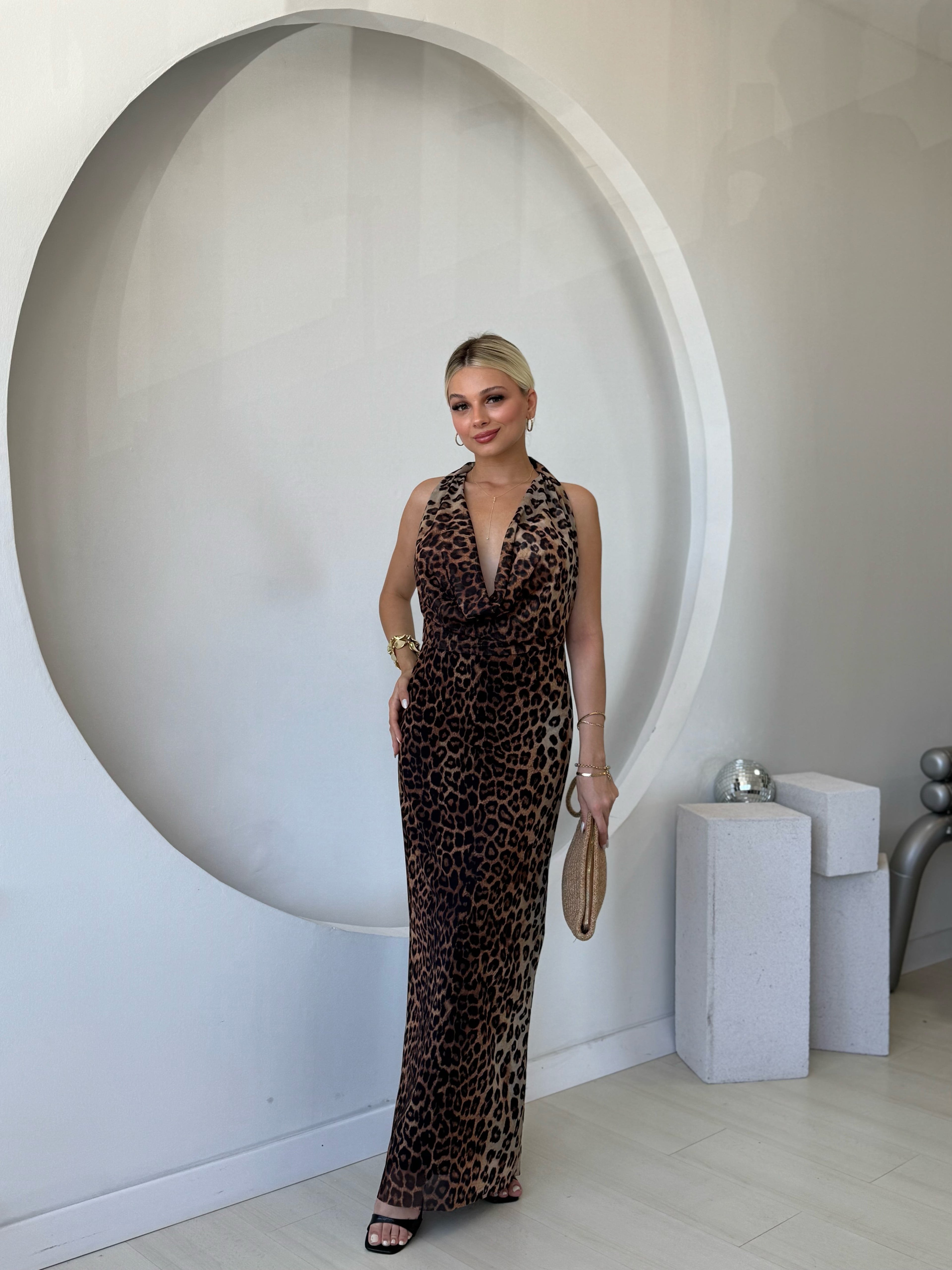 Degaje Yaka Leoparlı Tül Elbise