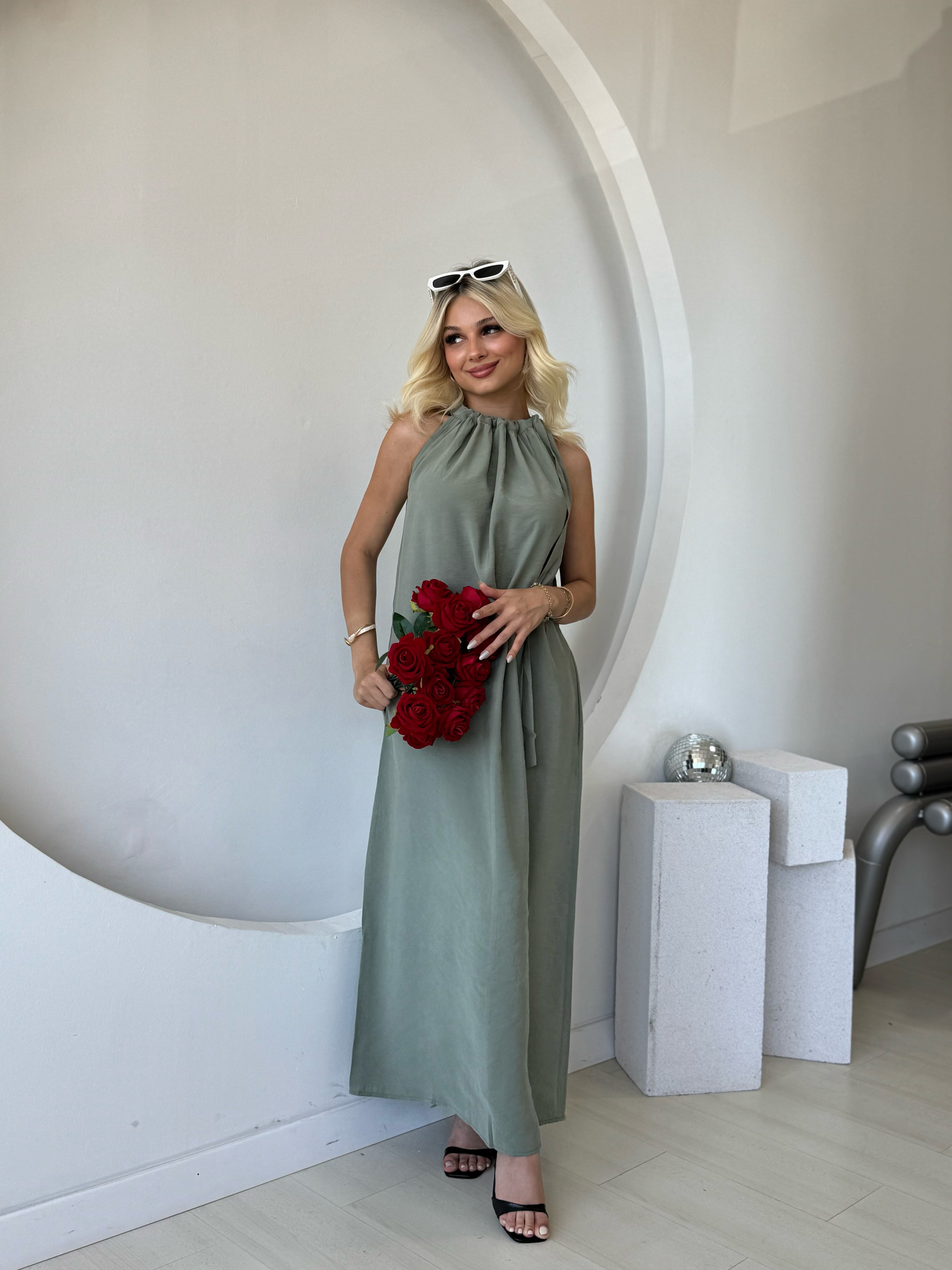 Omuzdan Bağlamalı Haki Elbise