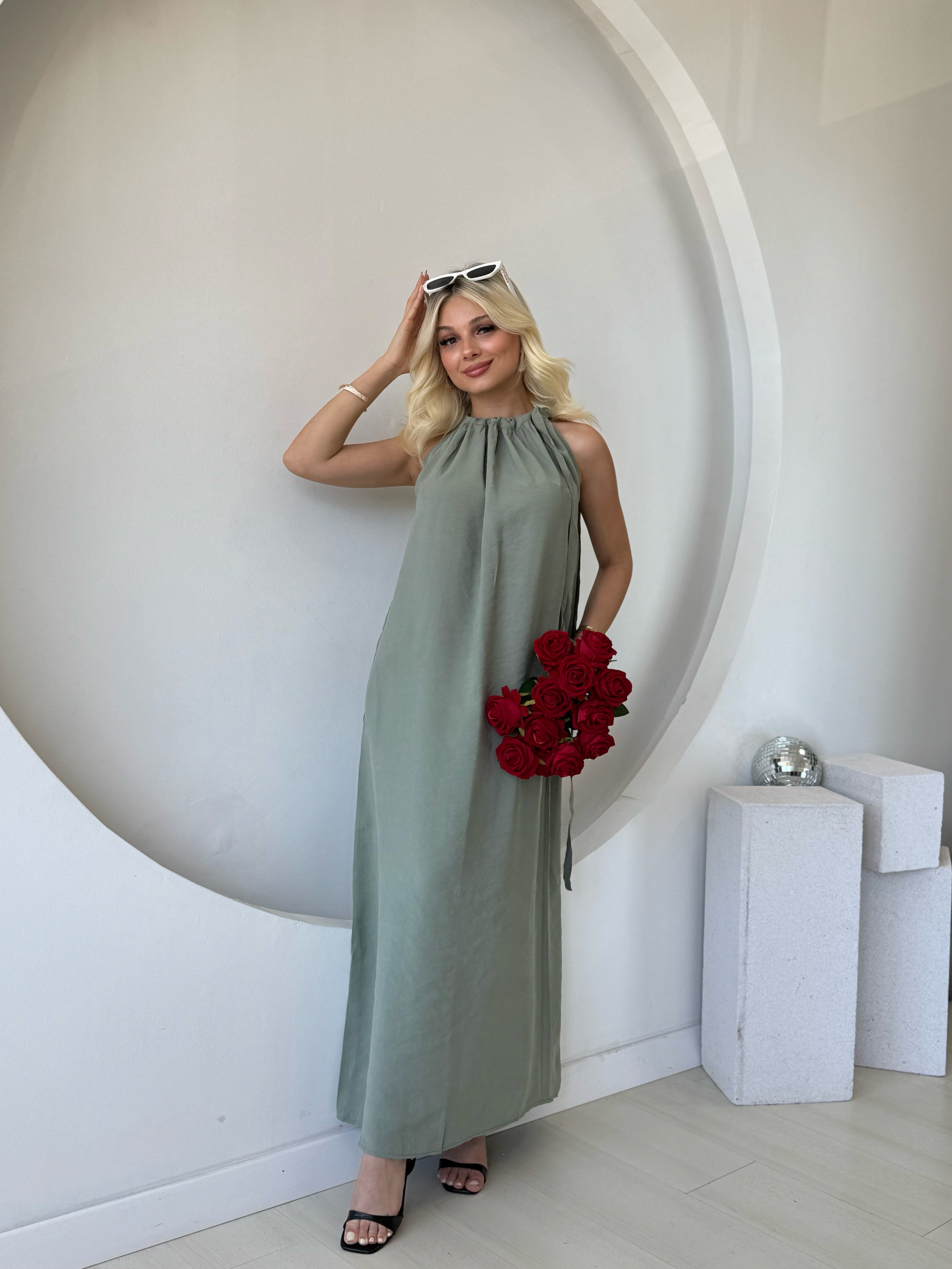 Omuzdan Bağlamalı Haki Elbise