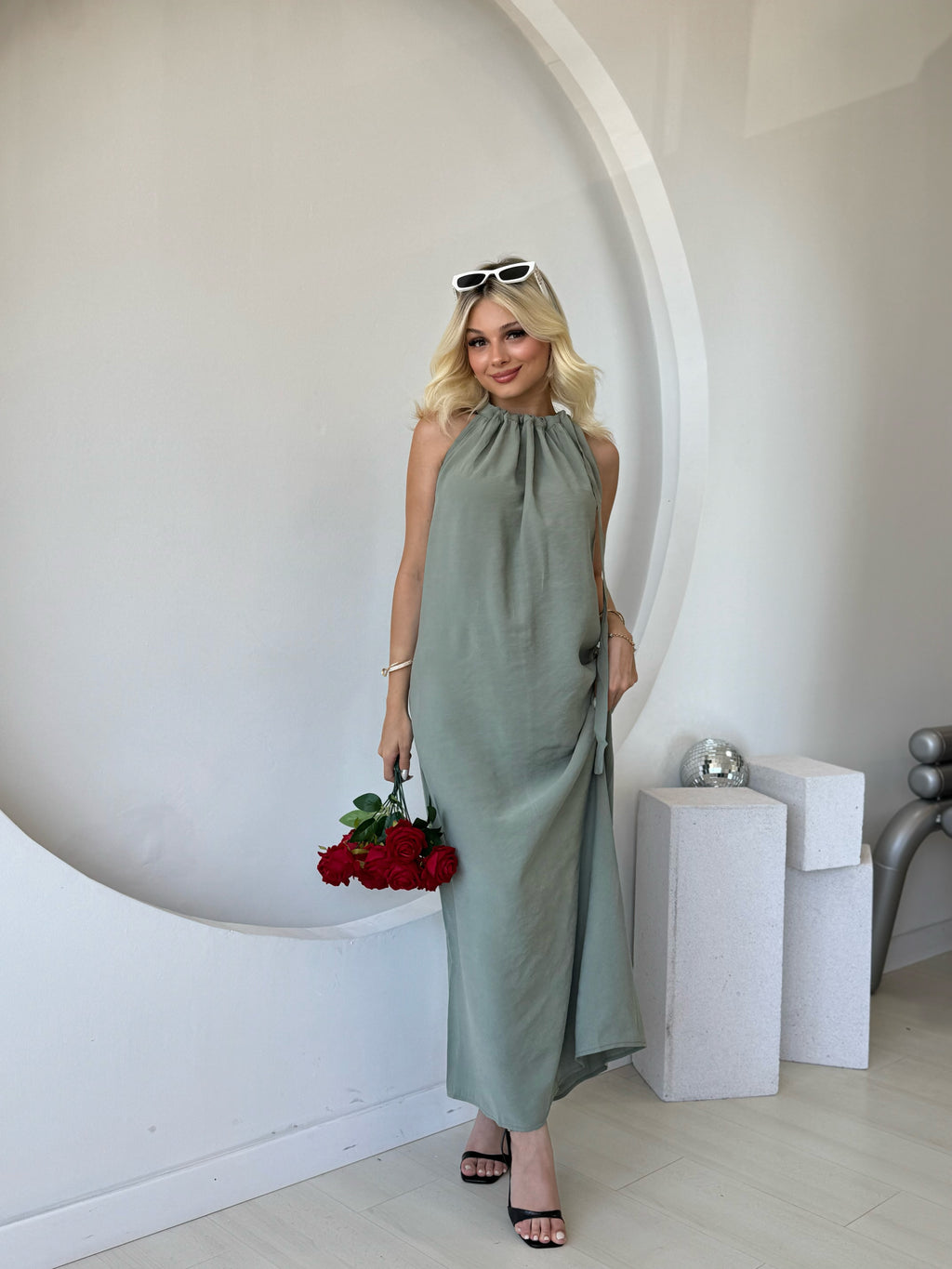 Omuzdan Bağlamalı Haki Elbise