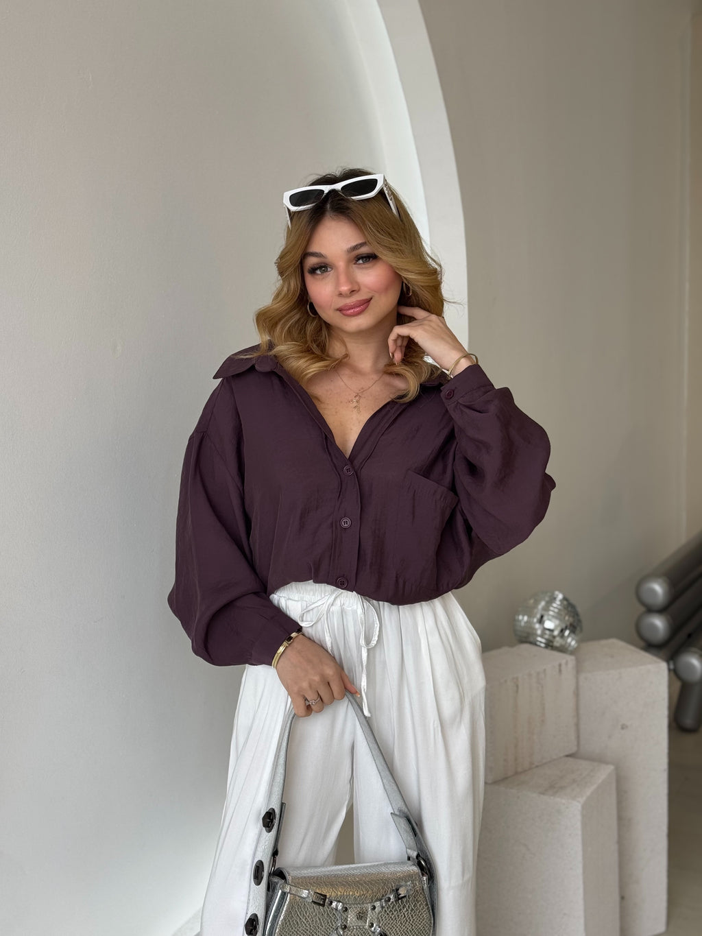 Mürdüm Tek Cepli Ovesize Krinkıl Salaş Gömlek