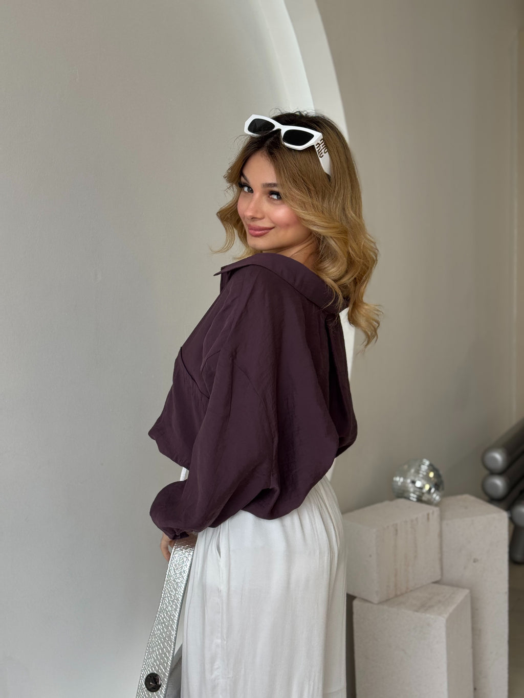 Mürdüm Tek Cepli Ovesize Krinkıl Salaş Gömlek