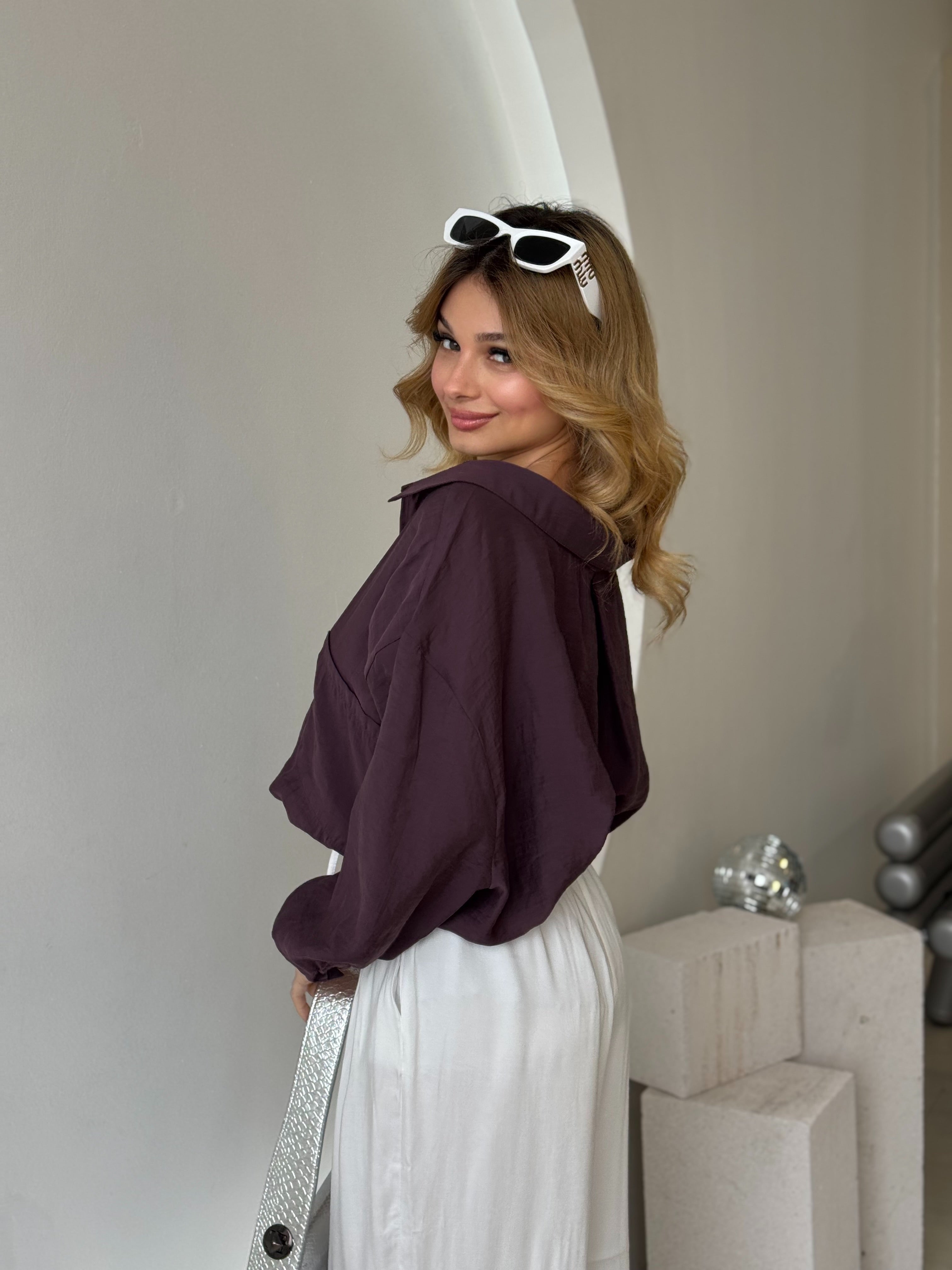 Mürdüm Tek Cepli Ovesize Krinkıl Salaş Gömlek