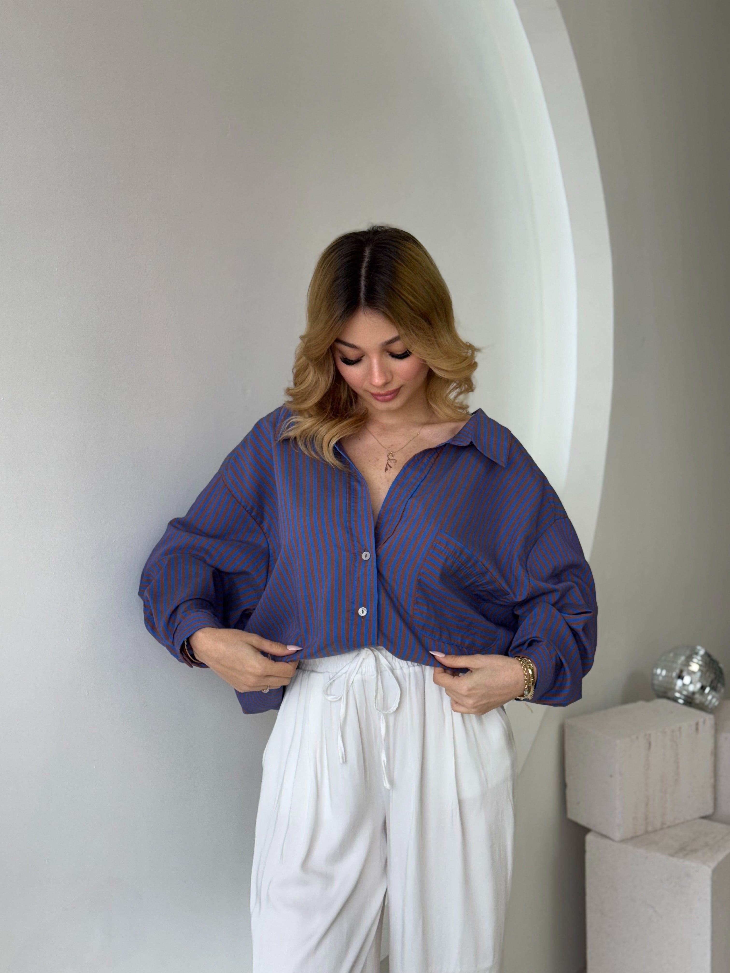 Çizgili Tek Cepli Oversize Gömlek