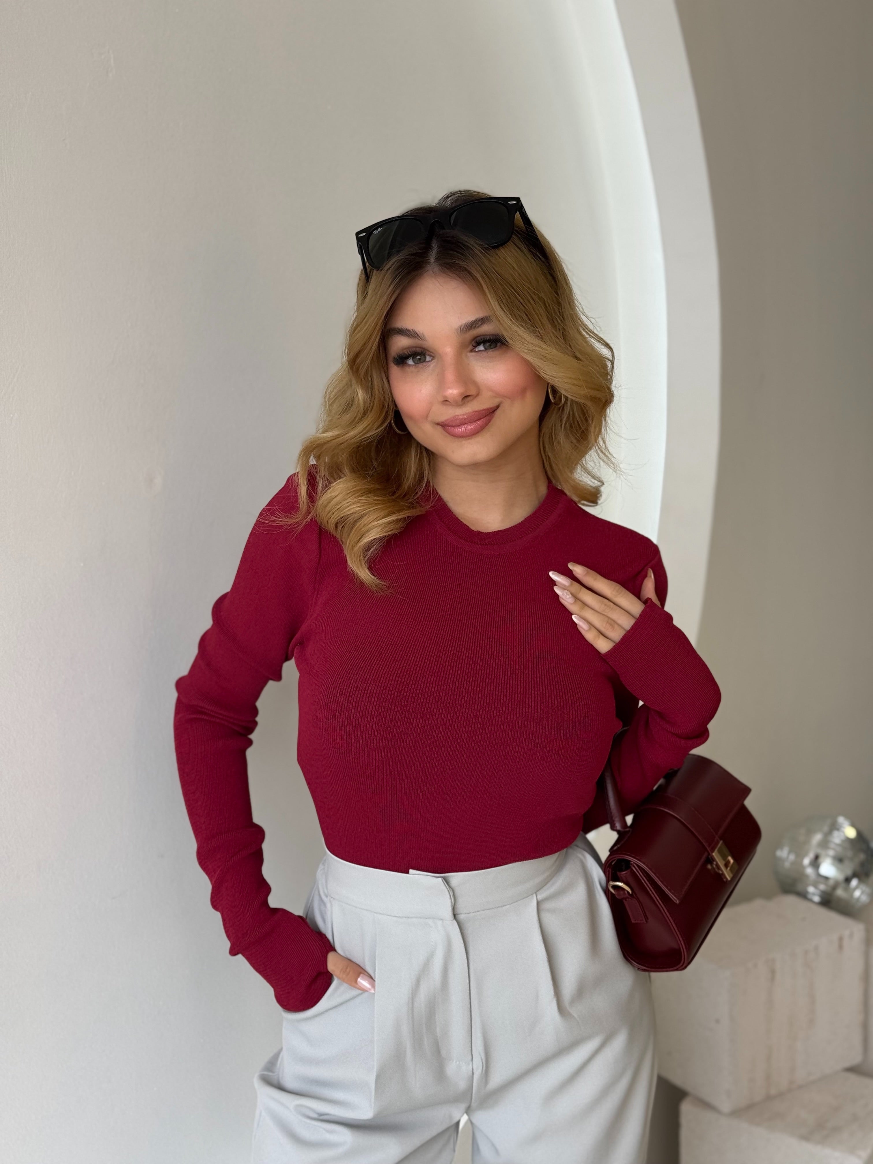 Bilekten Geçmeli Bordo Fitilli Basic Triko