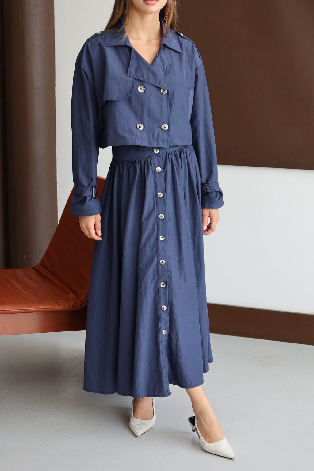 Lacivert Düğmeli Ceket Etek Takım