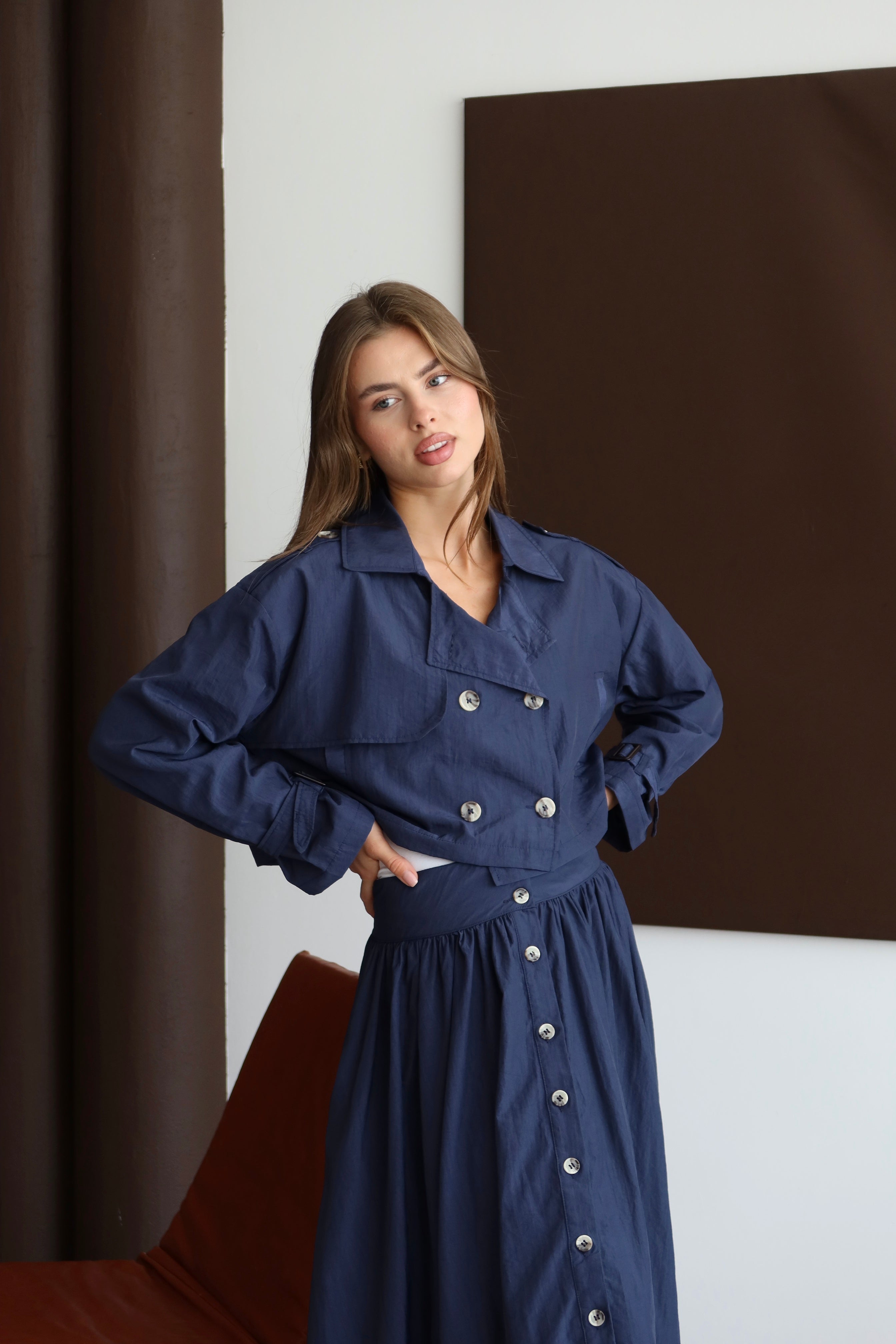 Lacivert Düğmeli Ceket Etek Takım