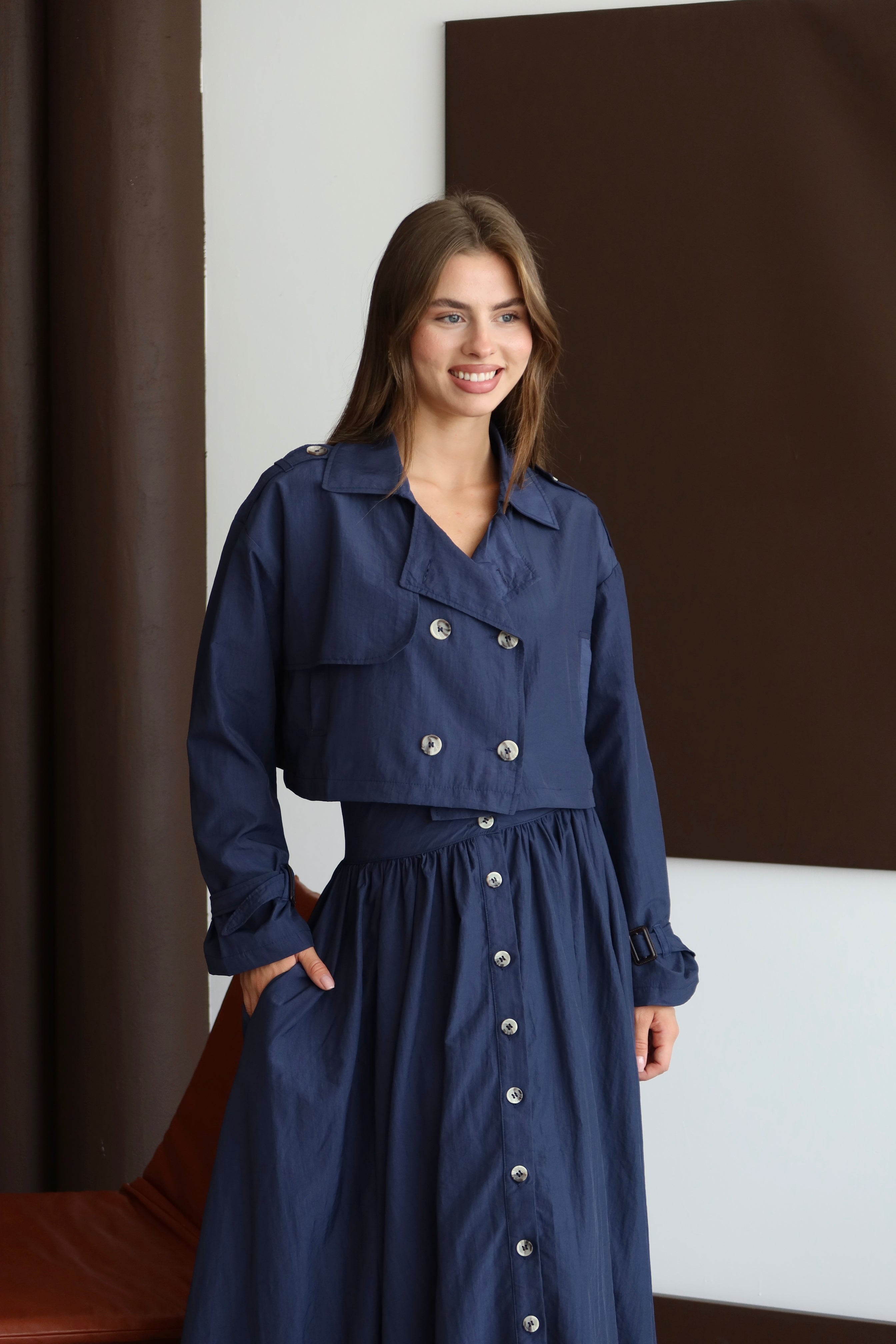 Lacivert Düğmeli Ceket Etek Takım