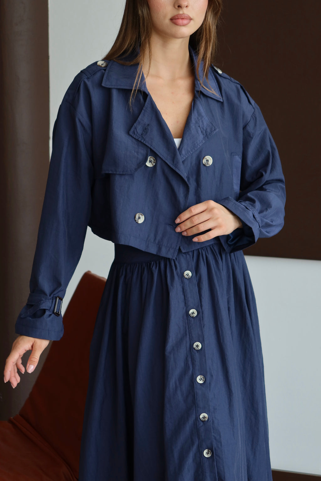 Lacivert Düğmeli Ceket Etek Takım