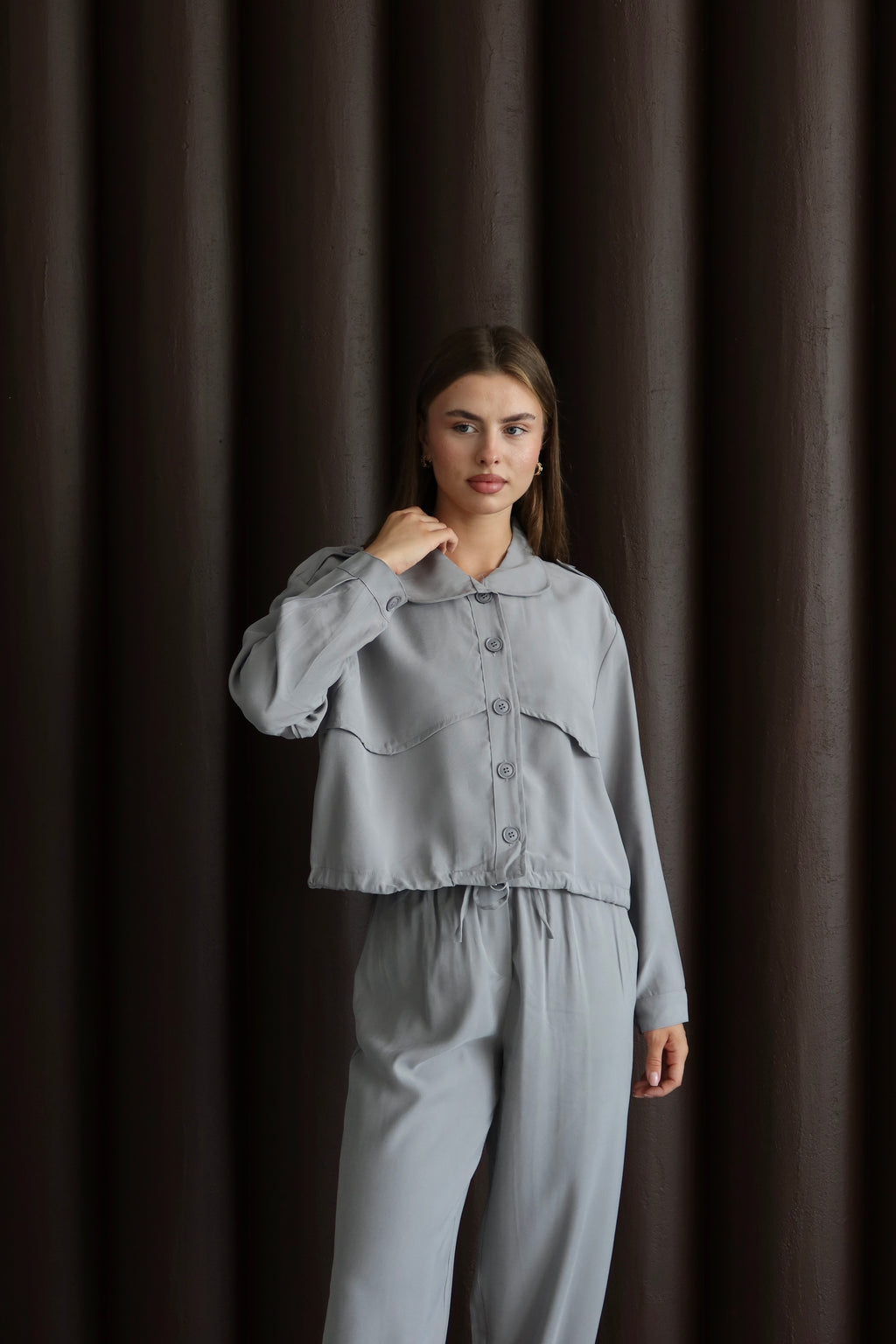 Gri Paça Ve Bel Lastik Detaylı Pantolon Ceket Takım