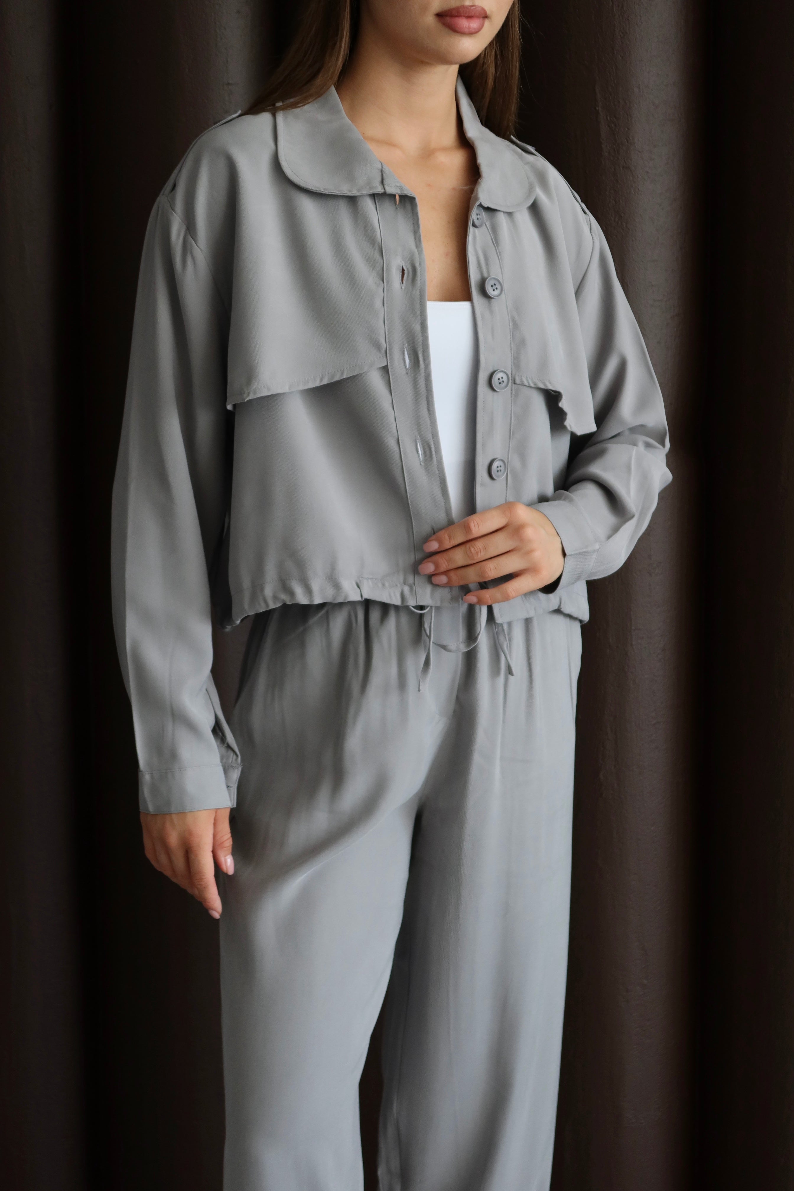 Gri Paça Ve Bel Lastik Detaylı Pantolon Ceket Takım