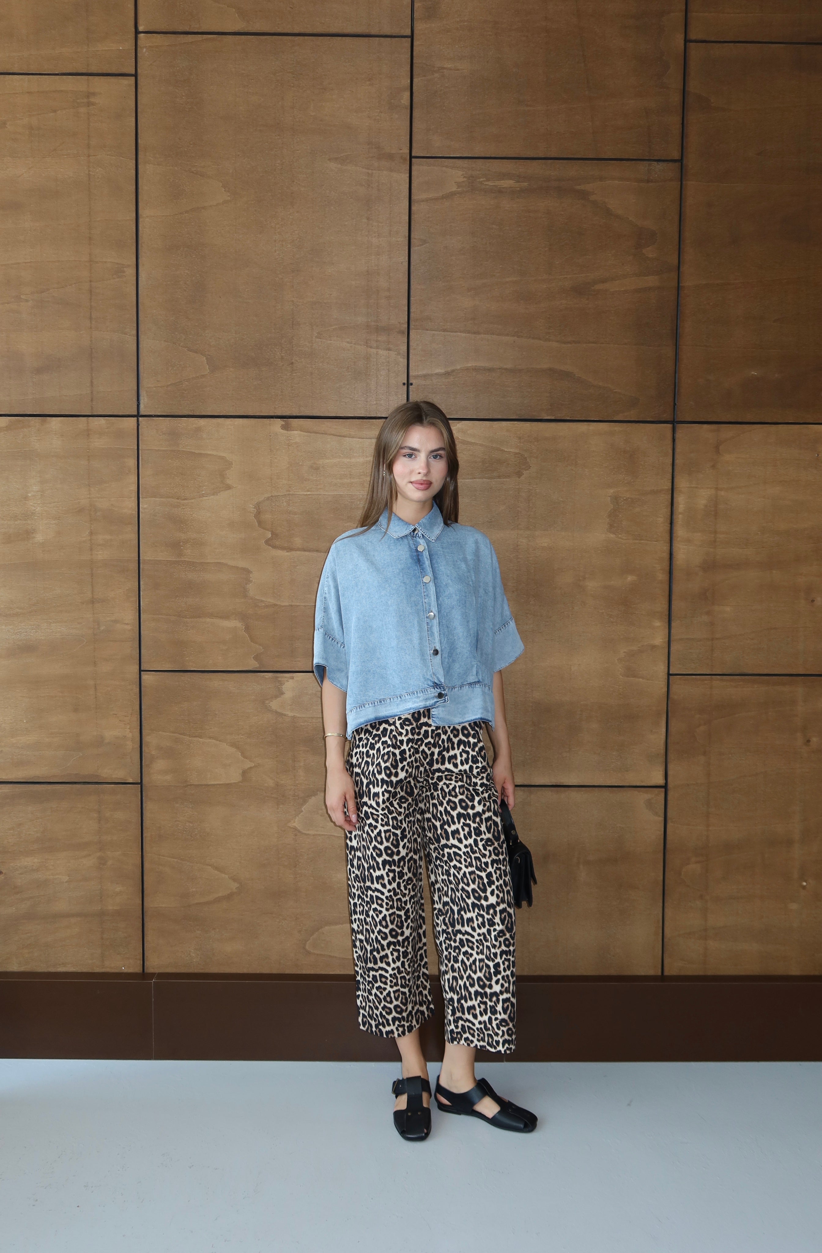 Brown Front Pleated Detailed Wide Leg Leopard Trousers