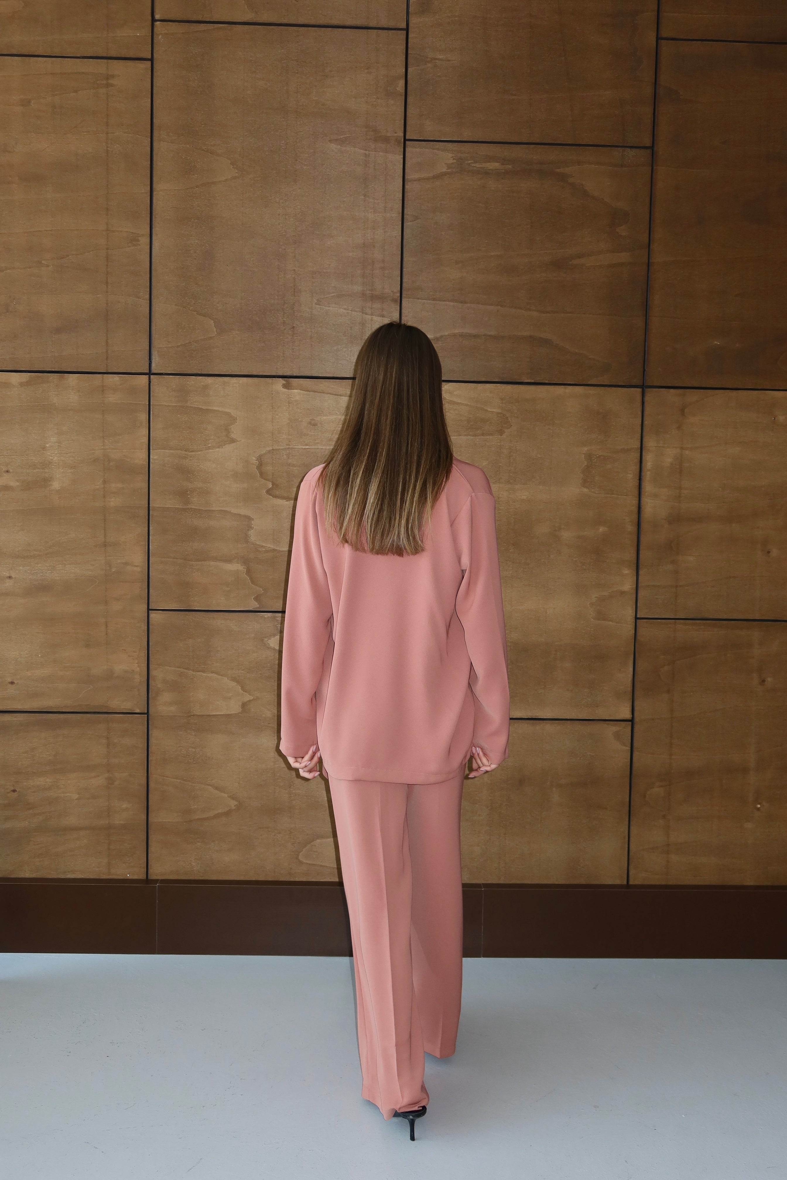 Gül Kurusu Şal Yaka Bluz Pantolon Takım