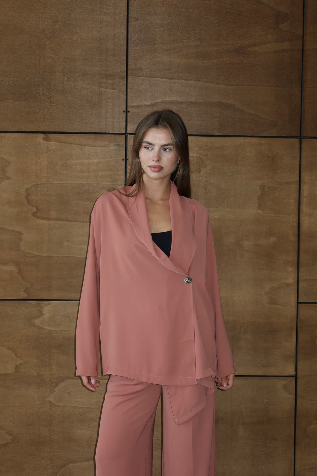 Gül Kurusu Şal Yaka Bluz Pantolon Takım