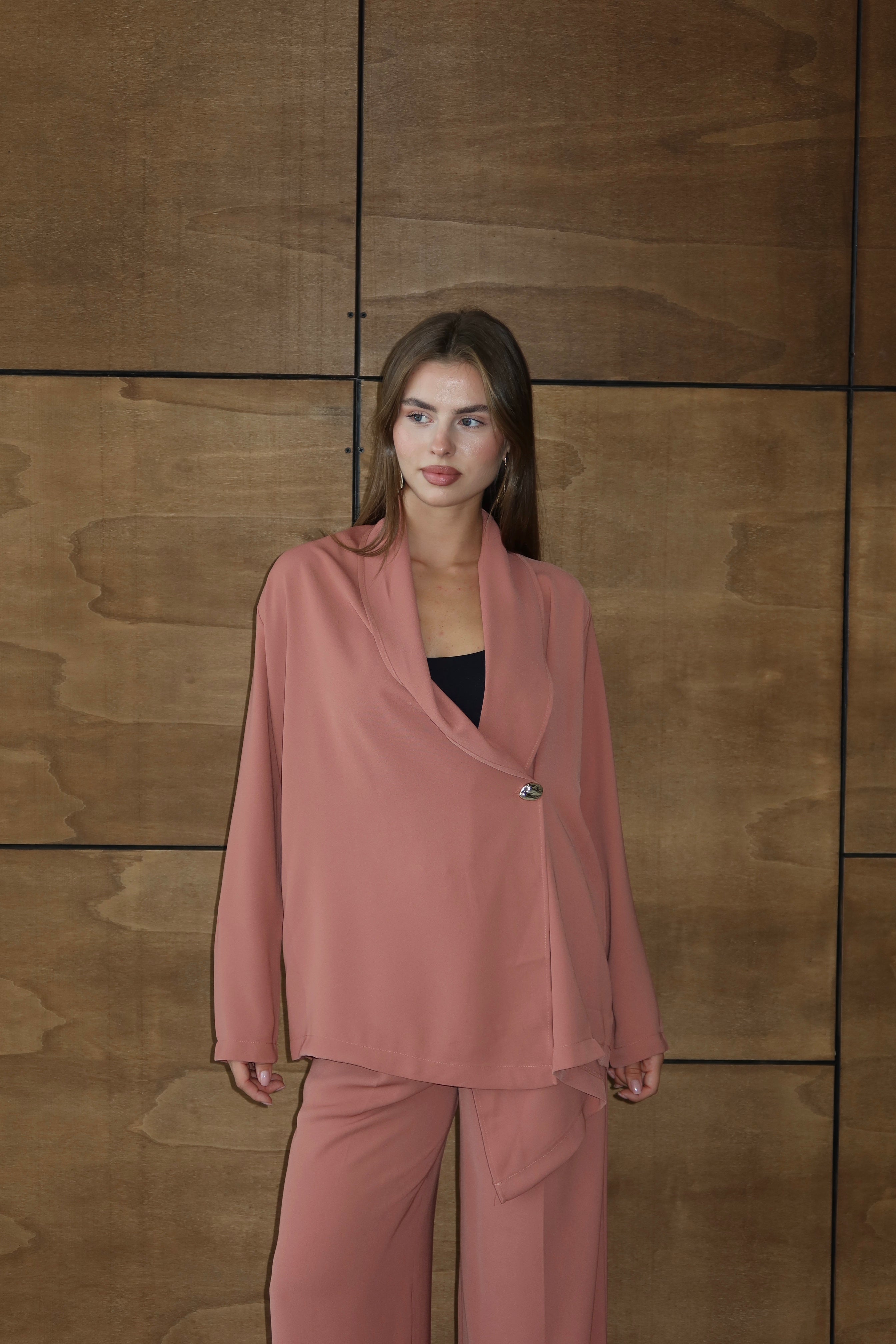 Gül Kurusu Şal Yaka Bluz Pantolon Takım