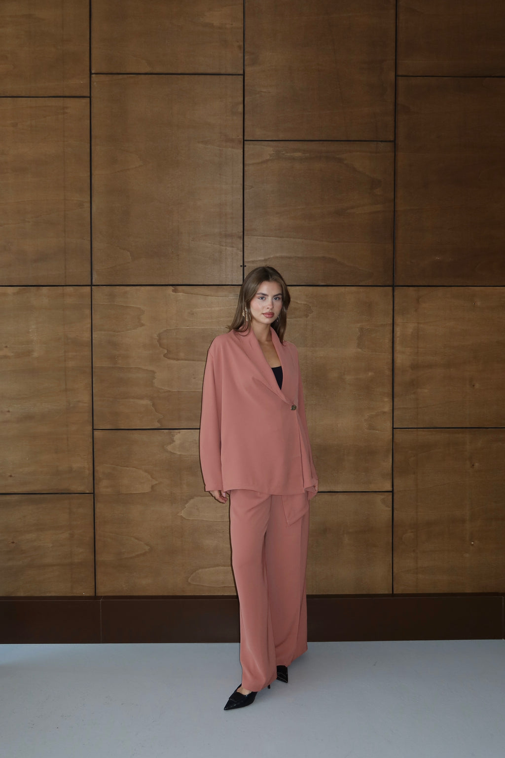 Gül Kurusu Şal Yaka Bluz Pantolon Takım