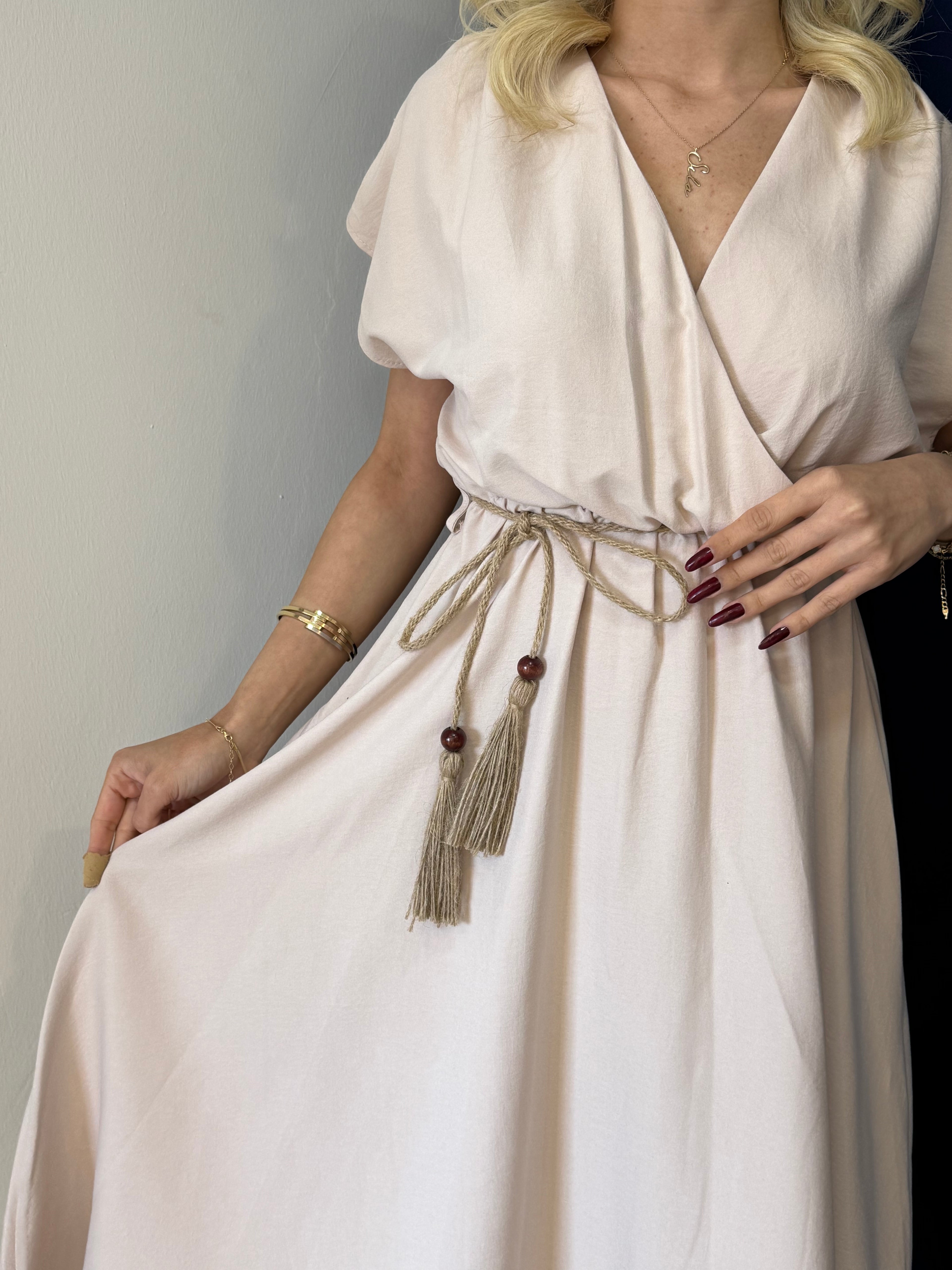 Bej Kısa Kol Beli Lastikli Elbise