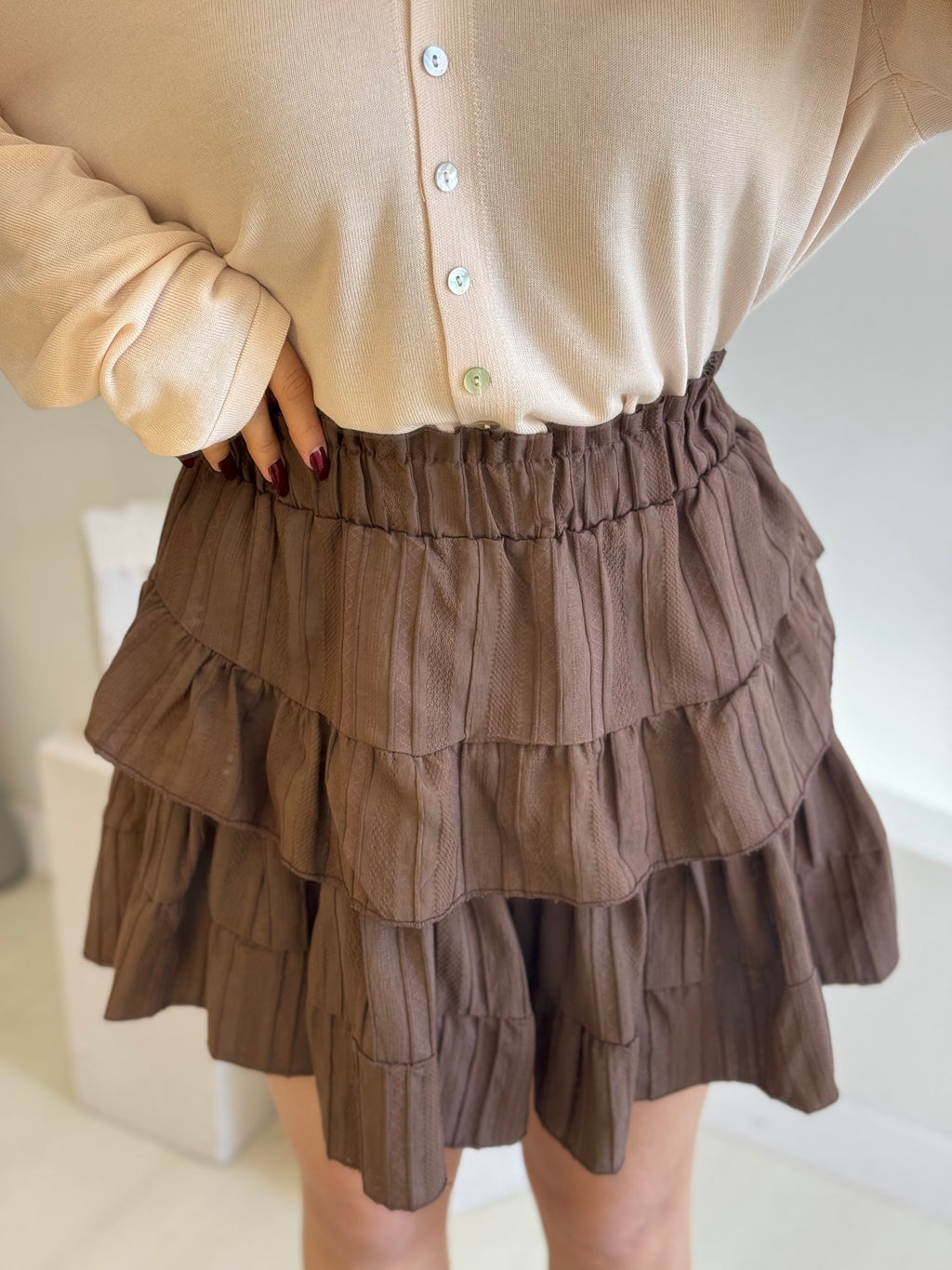 Kahverengi Katlı Şortlu Etek