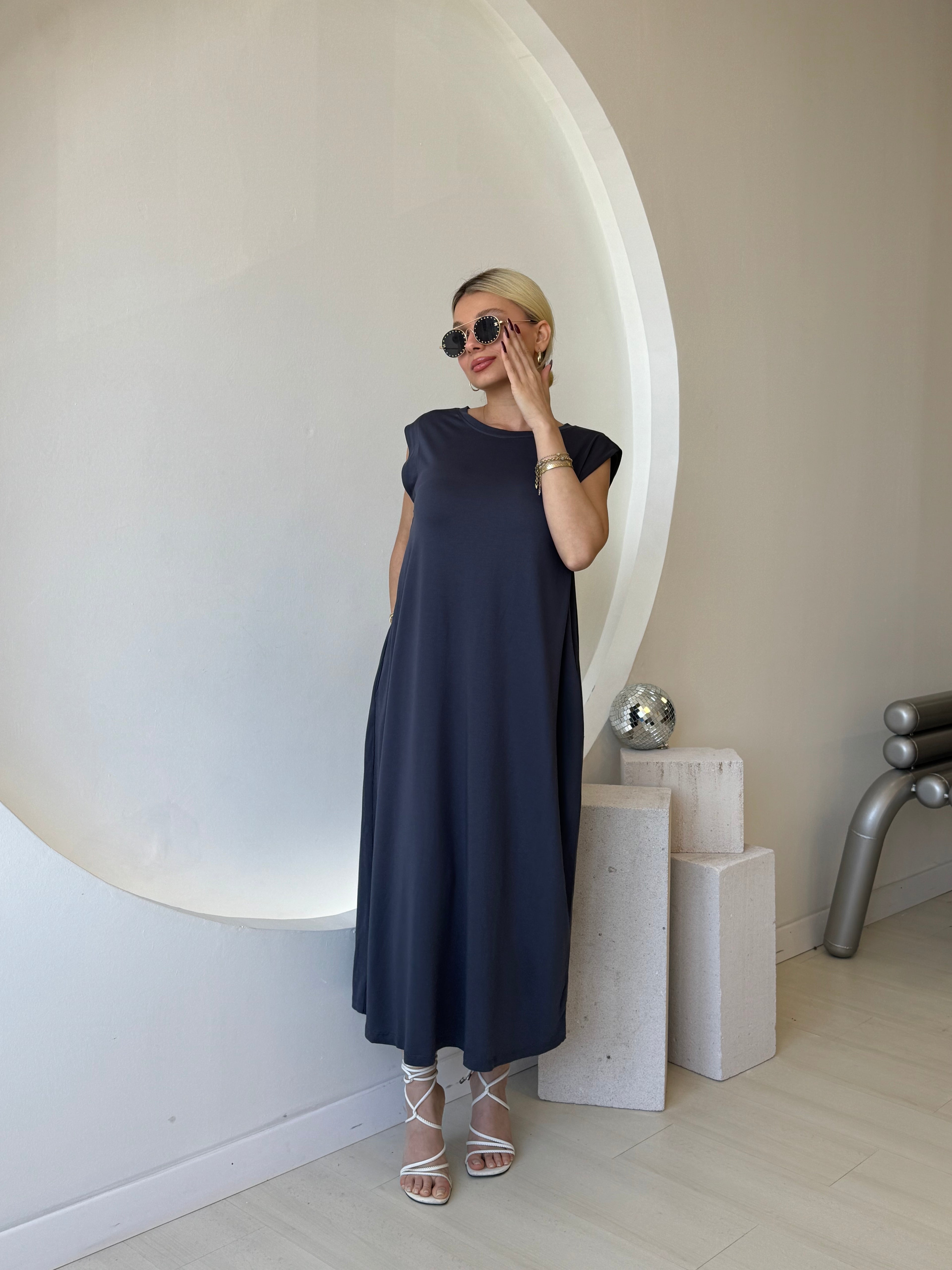 Kalın Askılı Modal Kumaş Antrasit Elbise