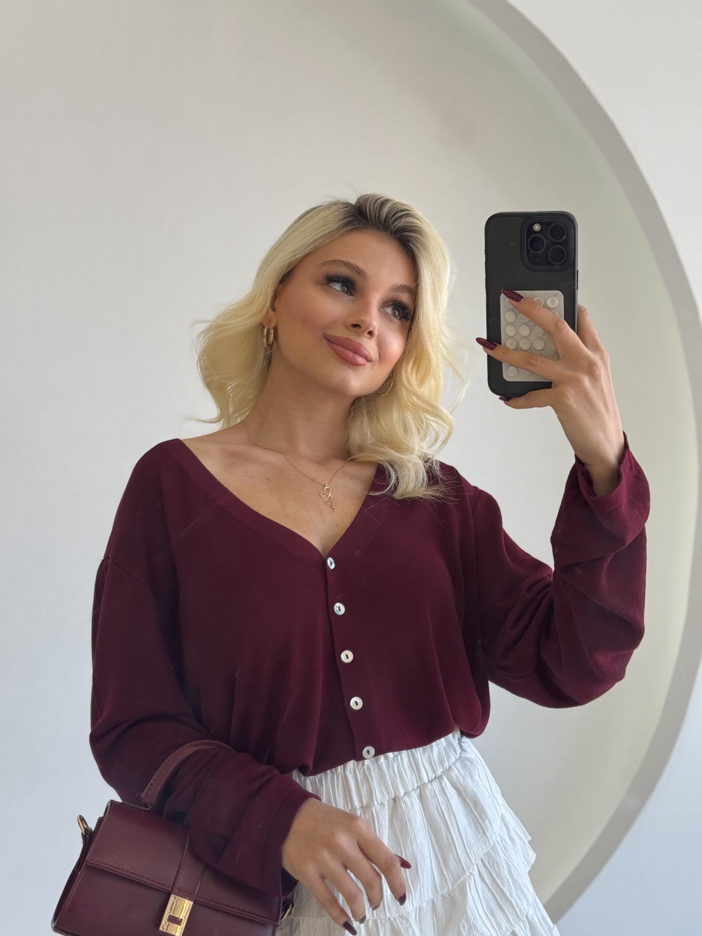 Bordo Mevsimlik Düğmeli Hırka