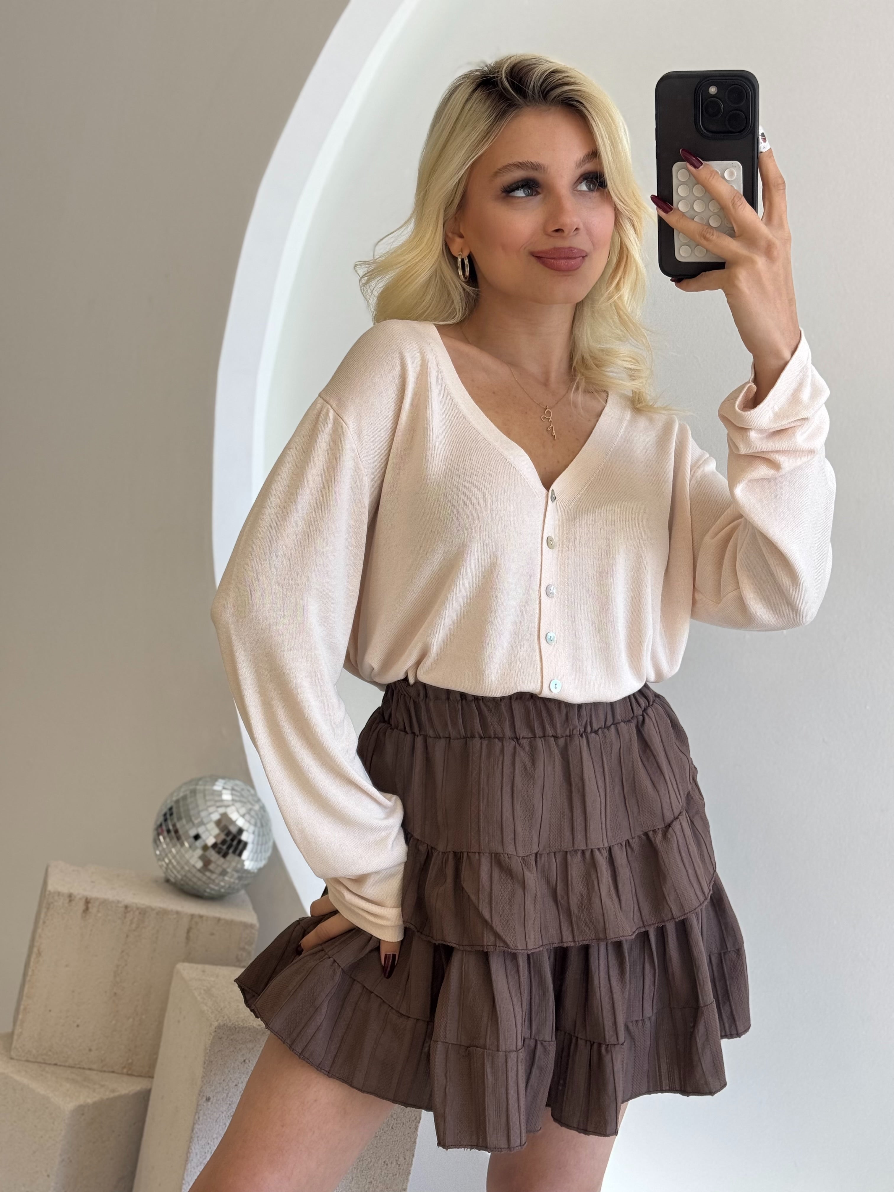 Kahverengi Katlı Şortlu Etek