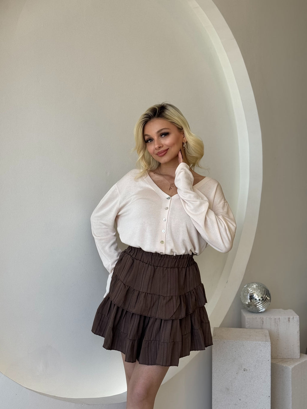 Kahverengi Katlı Şortlu Etek