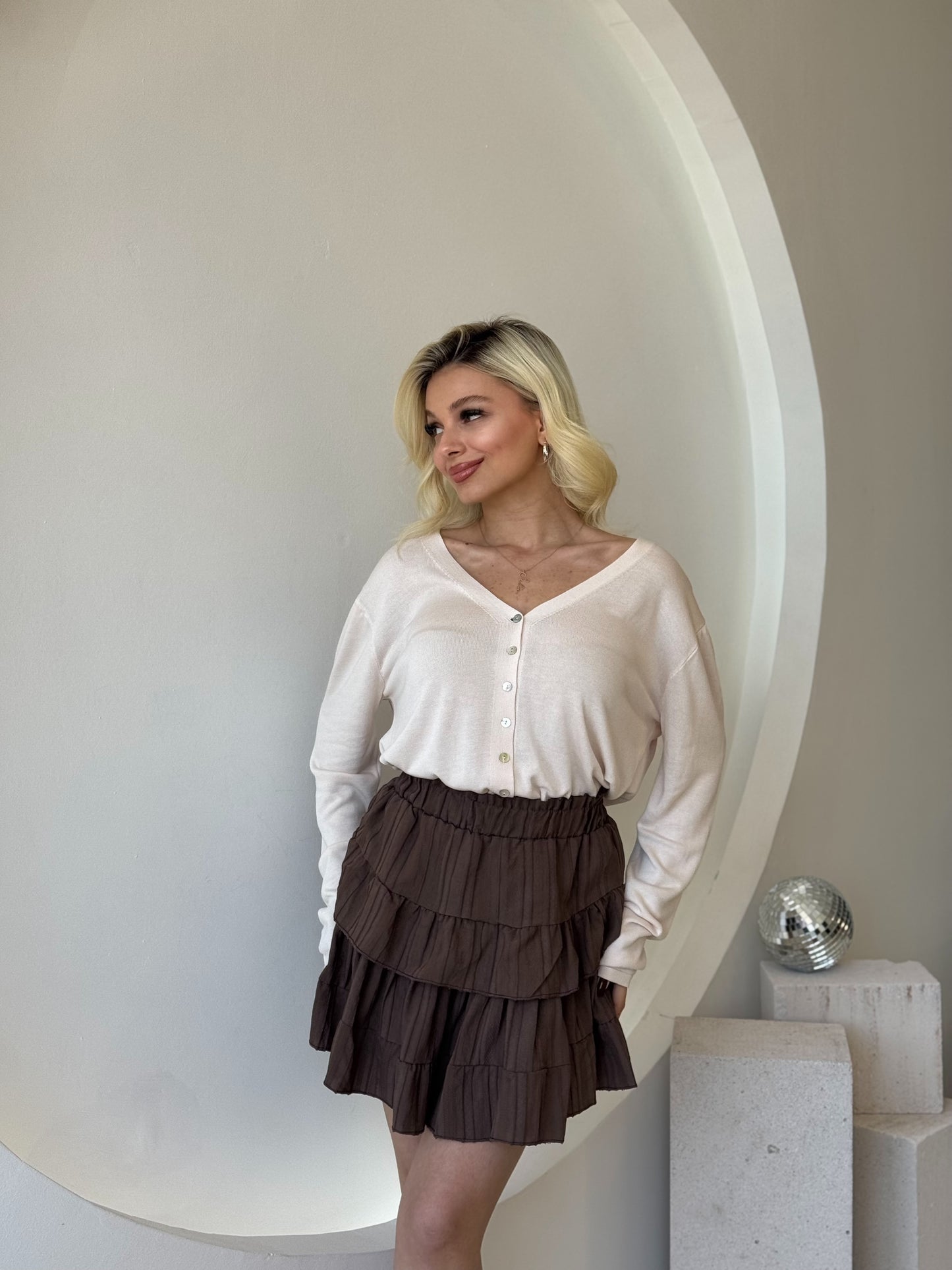 Kahverengi Katlı Şortlu Etek