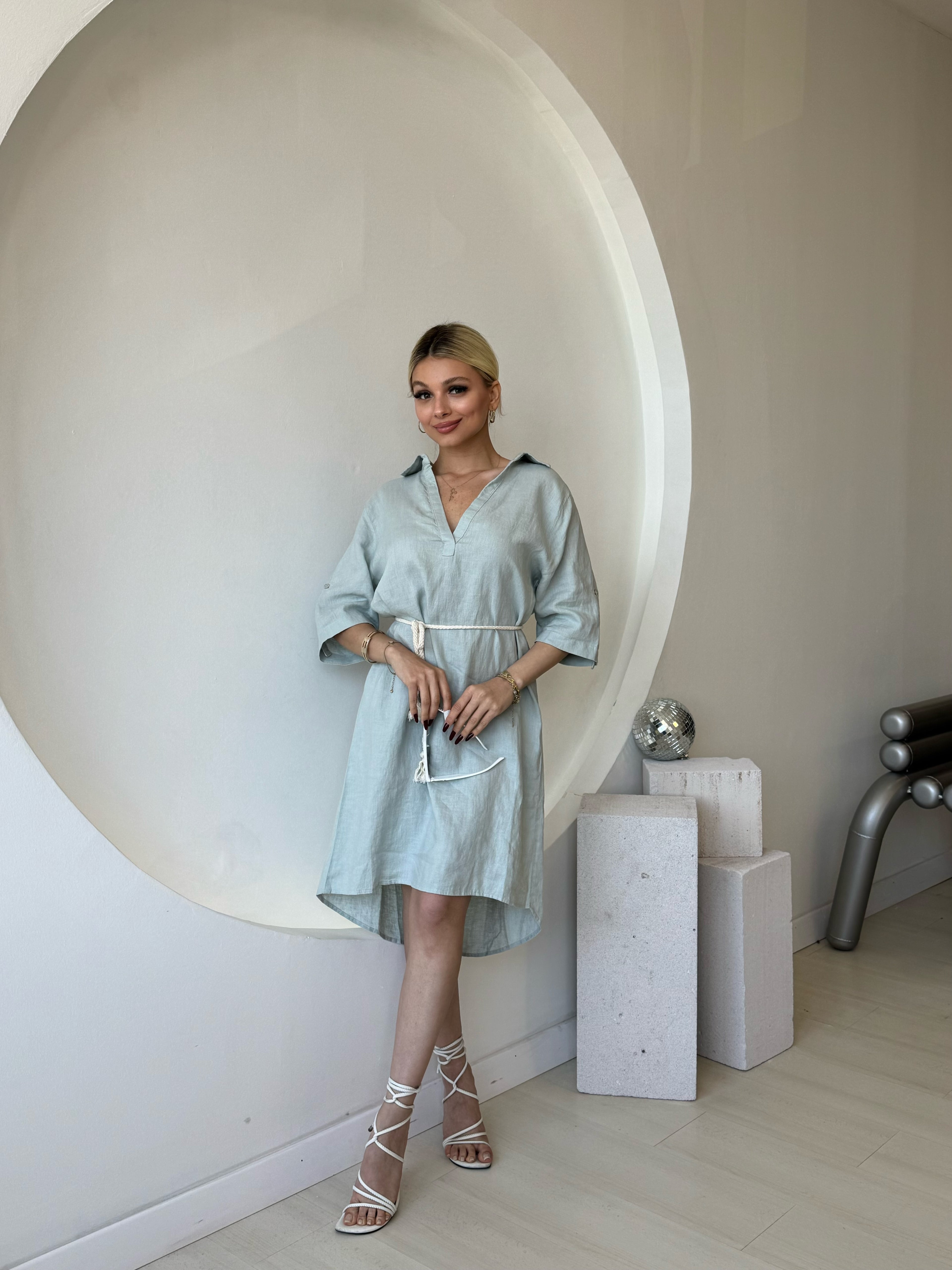 Gömlek Yaka Mint Yeşili Keten Elbise