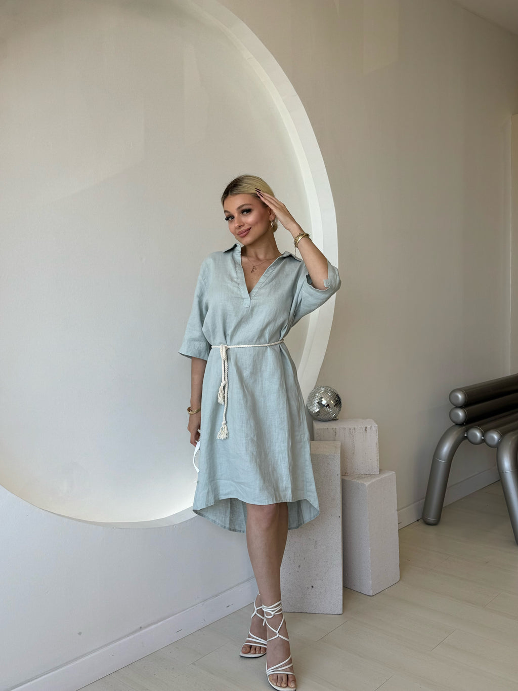 Gömlek Yaka Mint Yeşili Keten Elbise