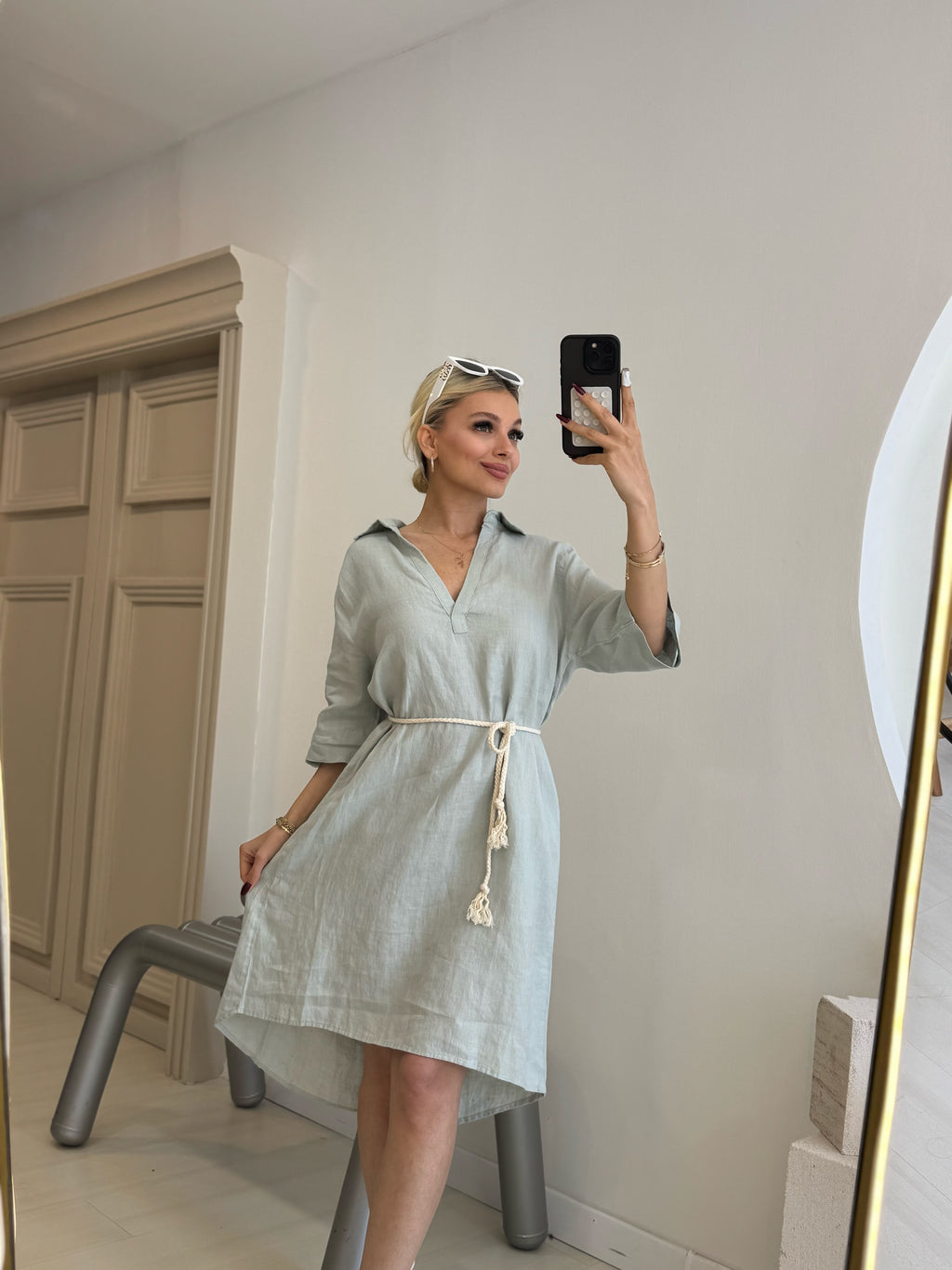 Gömlek Yaka Mint Yeşili Keten Elbise