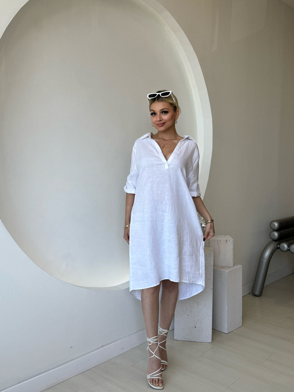 Gömlek Yaka Beyaz Keten Elbise