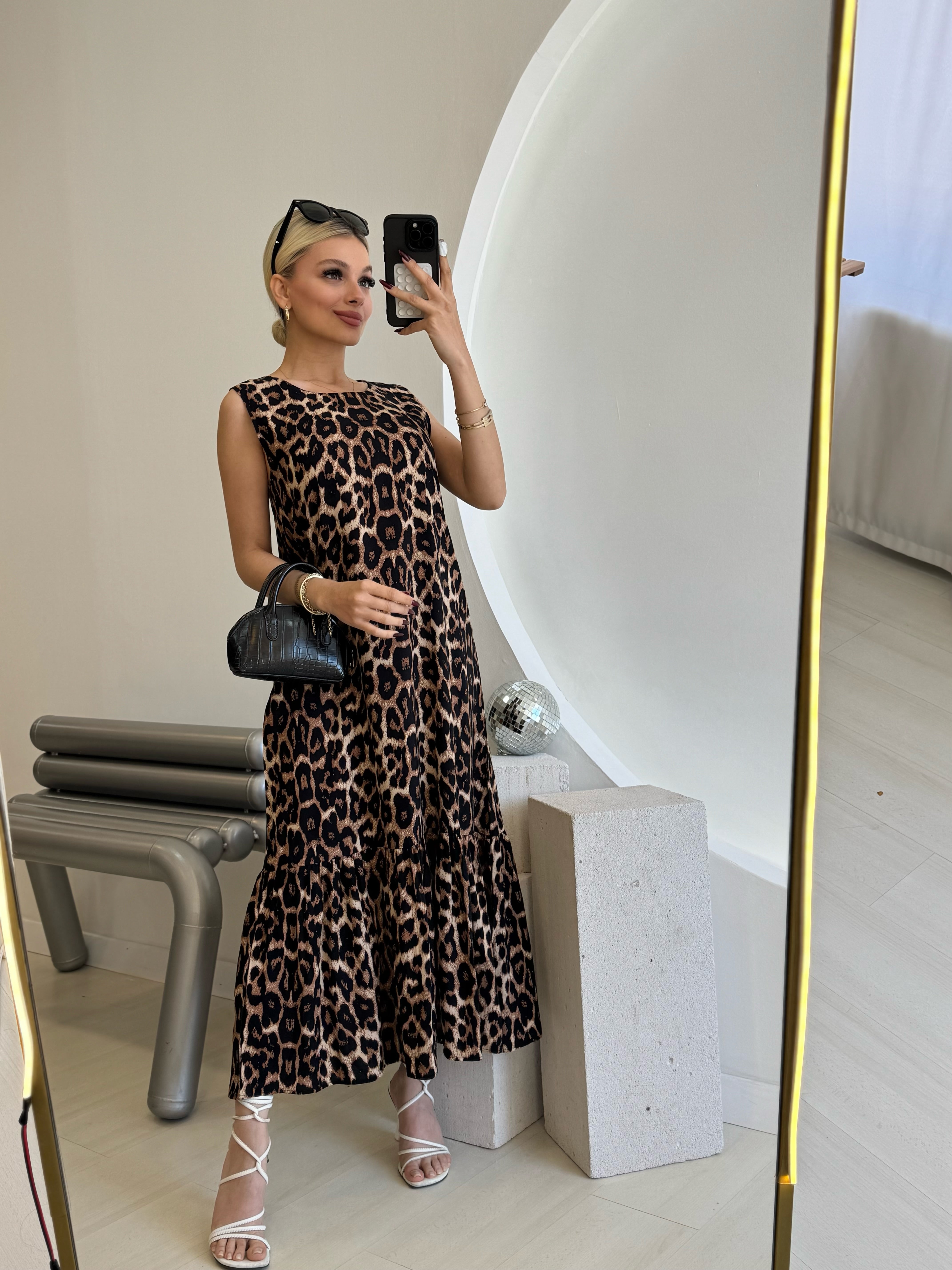 Kolsuz Leopar Desen Uzun Elbise