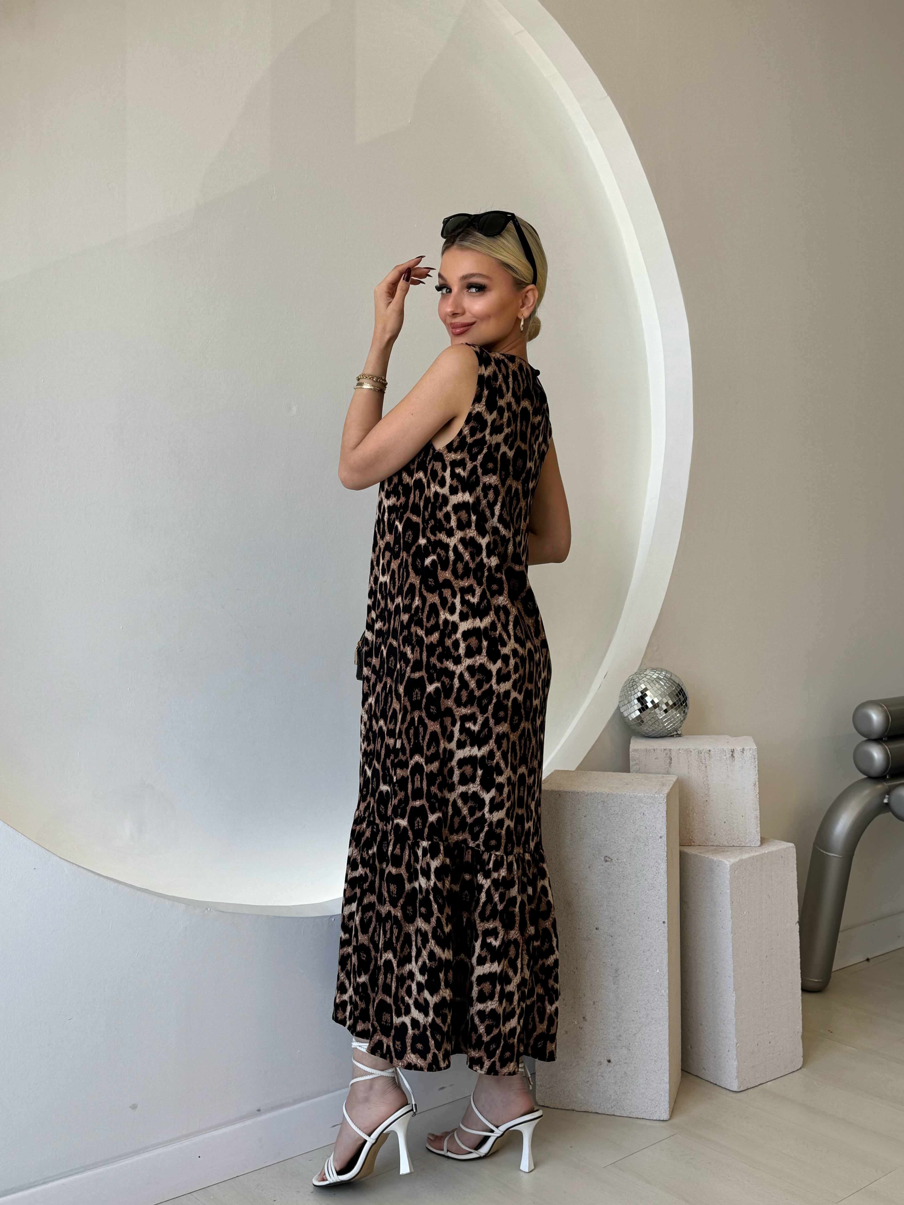Kolsuz Leopar Desen Uzun Elbise